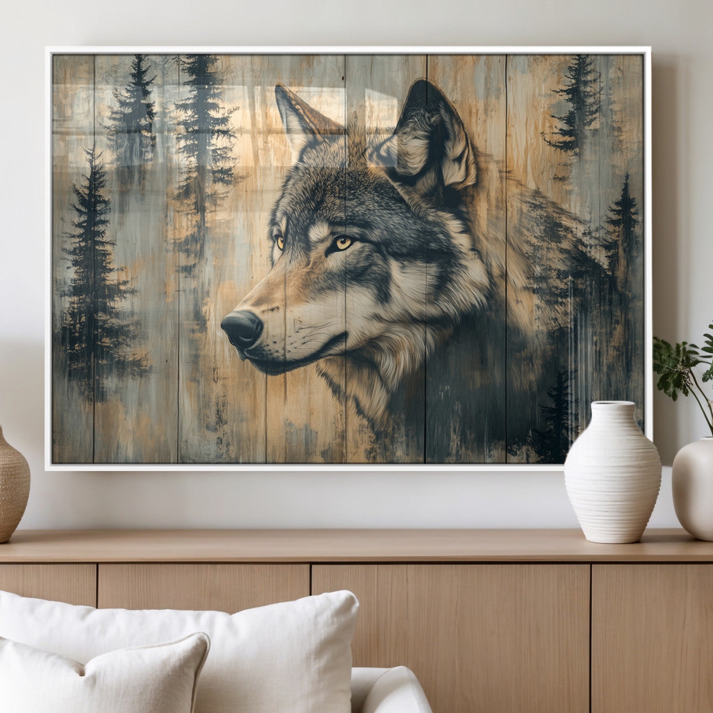 51892-MGV-FP-36X24-3P_White-Wolf Wall Art – Rustic Canvas Print of Wolf with Forest Trees on Wood Texture, Wildlife Lodge Artwork for Living Room, Bedroom,