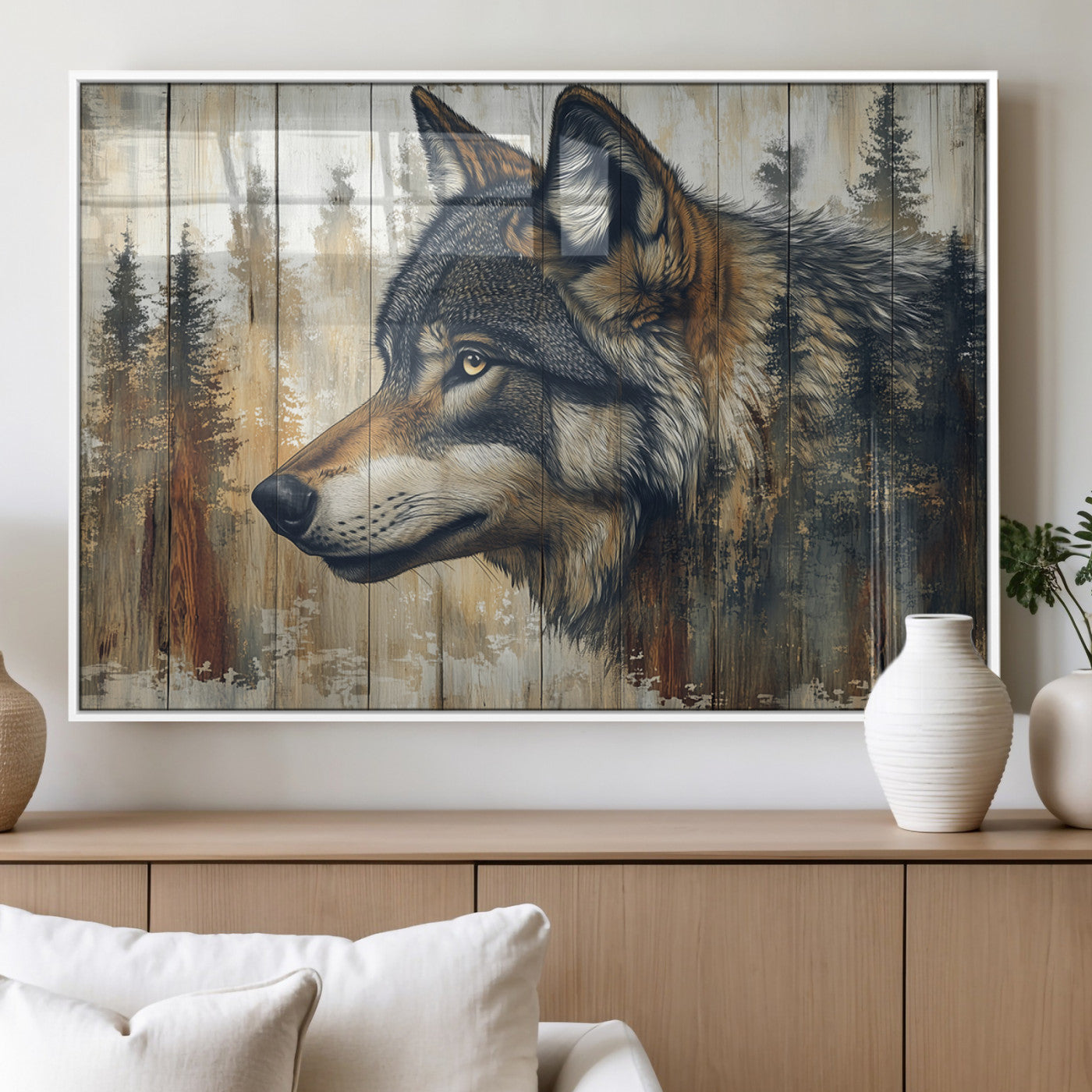 91882-MGV-FP-36X24-3P_White-Wolf Wall Art – Rustic Canvas Print of Forest Wolf on Wood Background, Wildlife Lodge Artwork for Living Room, Bedroom, Cabin, or