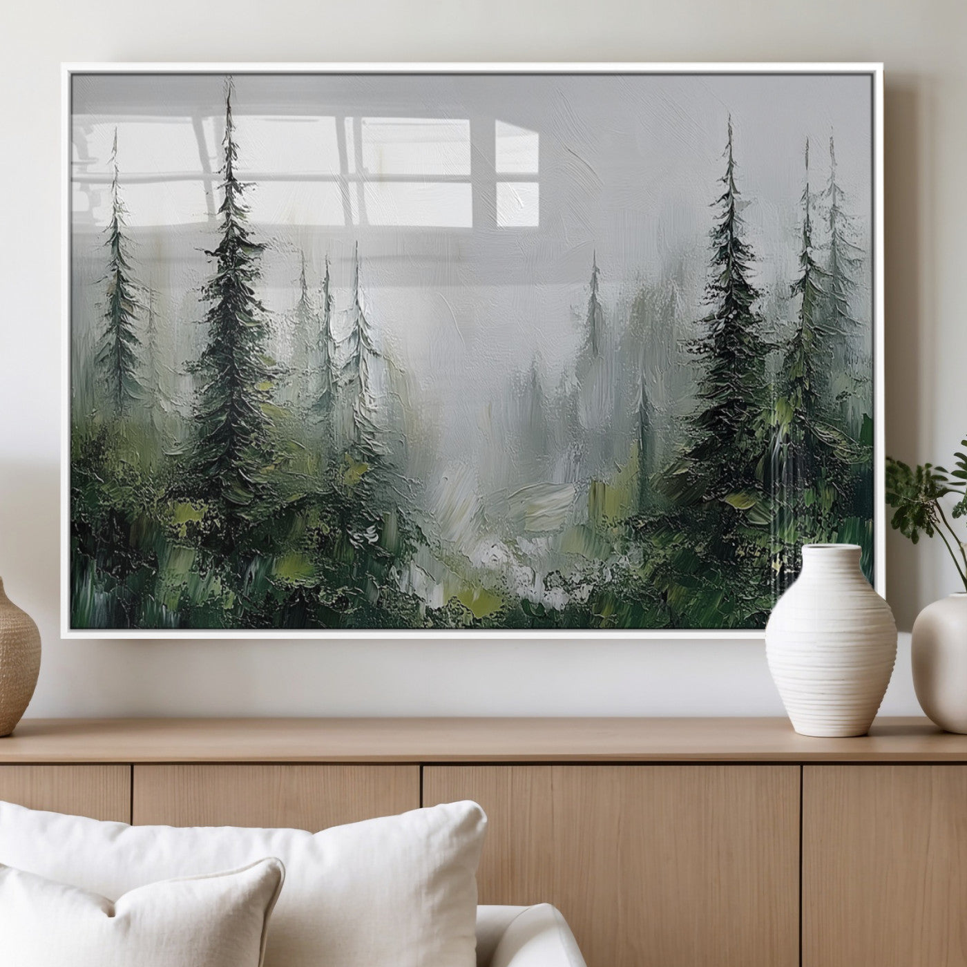 76014-MGV-FP-36X24-3P_White-Forest Wall Art – Textured Canvas Print Featuring Misty Evergreen Pines and Woodland Landscape, Rustic Nature Artwork for Living