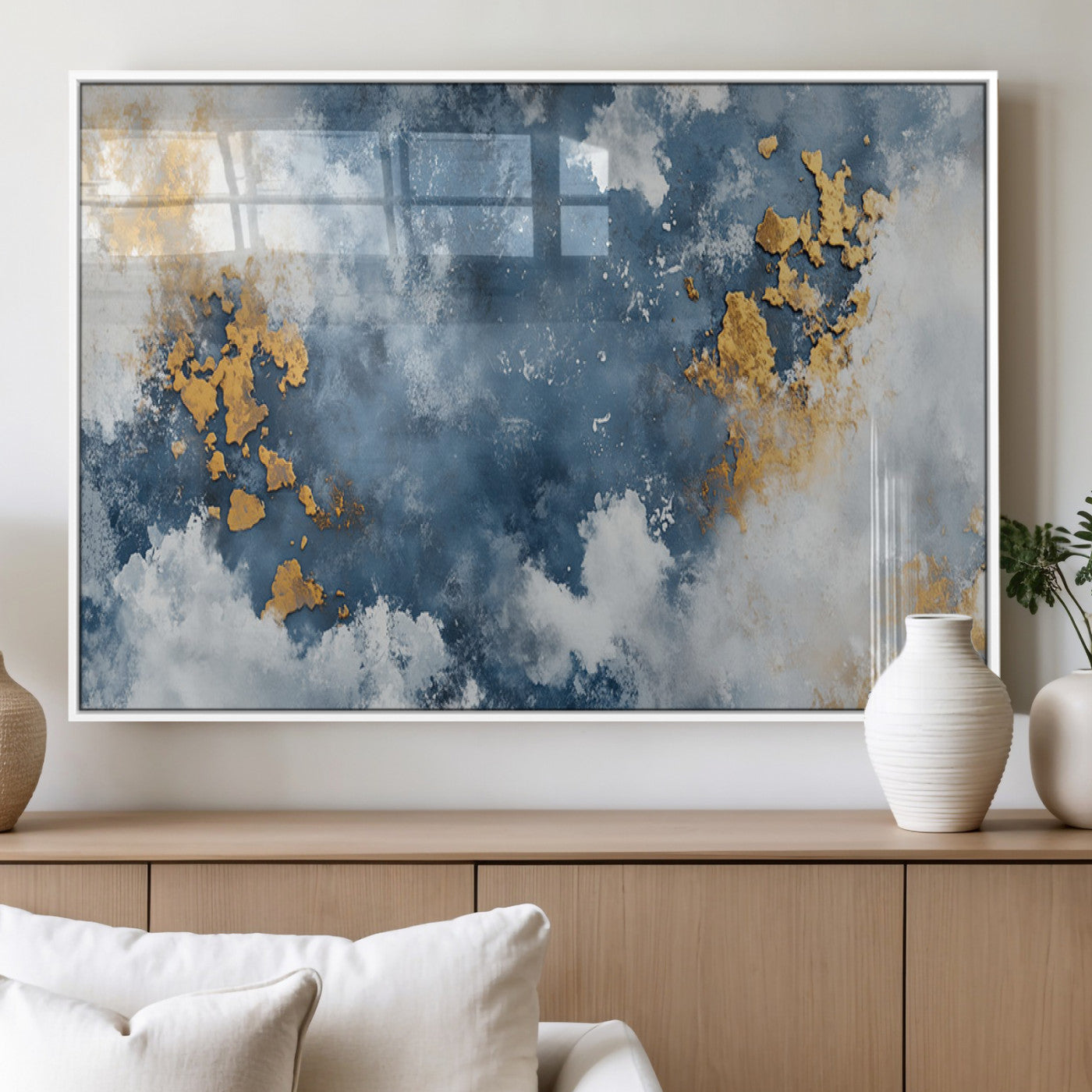 39575-MGV-FP-36X24-3P_White-Blue and Gold Abstract Wall Art – Modern Canvas Print Featuring Cloudy Textures with Metallic Accents, Contemporary Artwork for