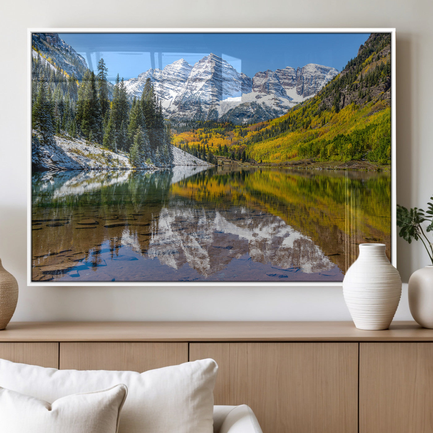 87724099-MGV-FP-36X24-3P_White-Maroon Bells Wall Art Canvas Print, Framed Snowy Mountains Art Picture Print, Pine Forest Perfect Vibrant Alpine Decor Artwork