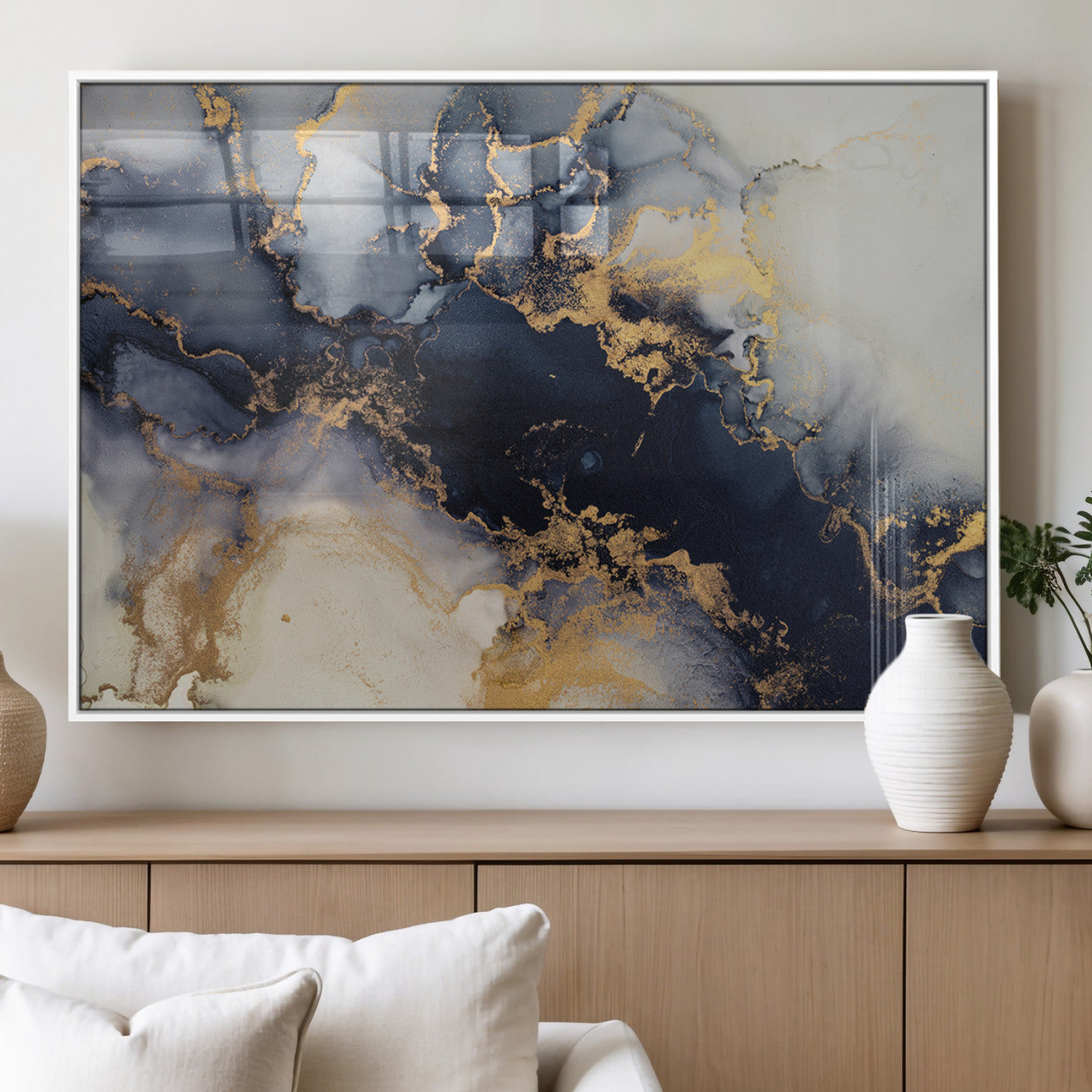 41136487-MGV-FP-36X24-3P_White-Black Marble Wall Art Canvas Print, Framed Gold Veins Art Picture Print, Abstract Texture Perfect Moody Luxe Decor Artwork