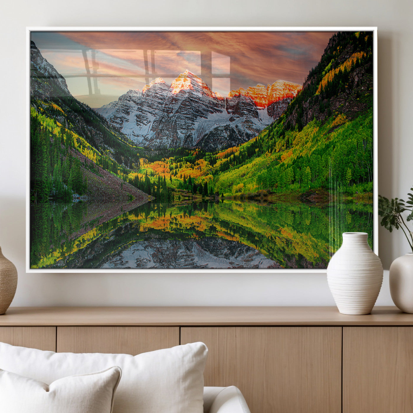 59533484-MGV-FP-36X24-3P_White-Maroon Bells Autumn Wall Art – Panoramic Mountain Landscape Canvas Print, Sunset Reflection Nature Artwork for Living Room, Office