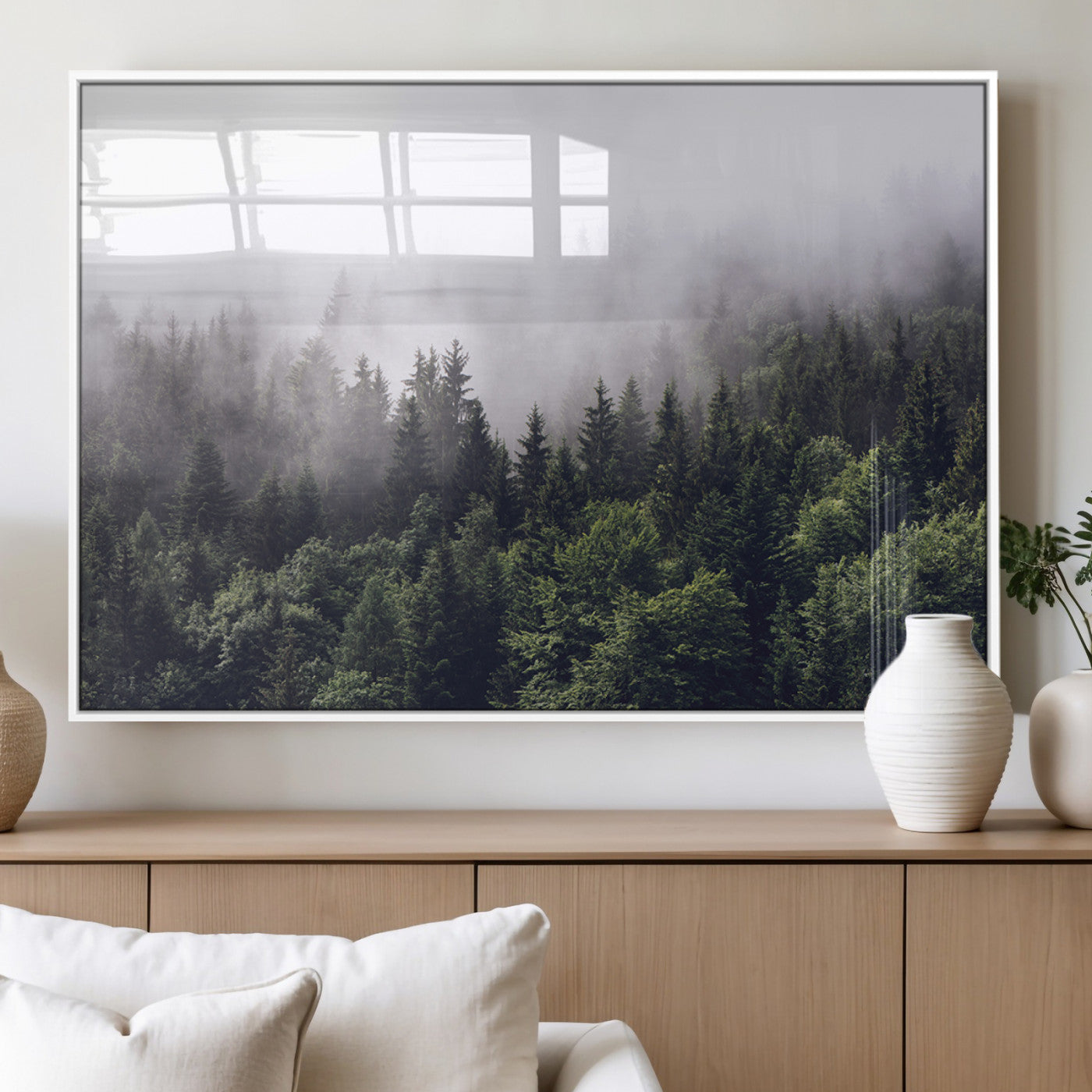 62890402-MGV-FP-36X24-3P_White-Misty Forest Wall Art Canvas Print, Framed Foggy Pines Art Picture Print, Pine Valley Perfect Moody Woodland Decor Artwork