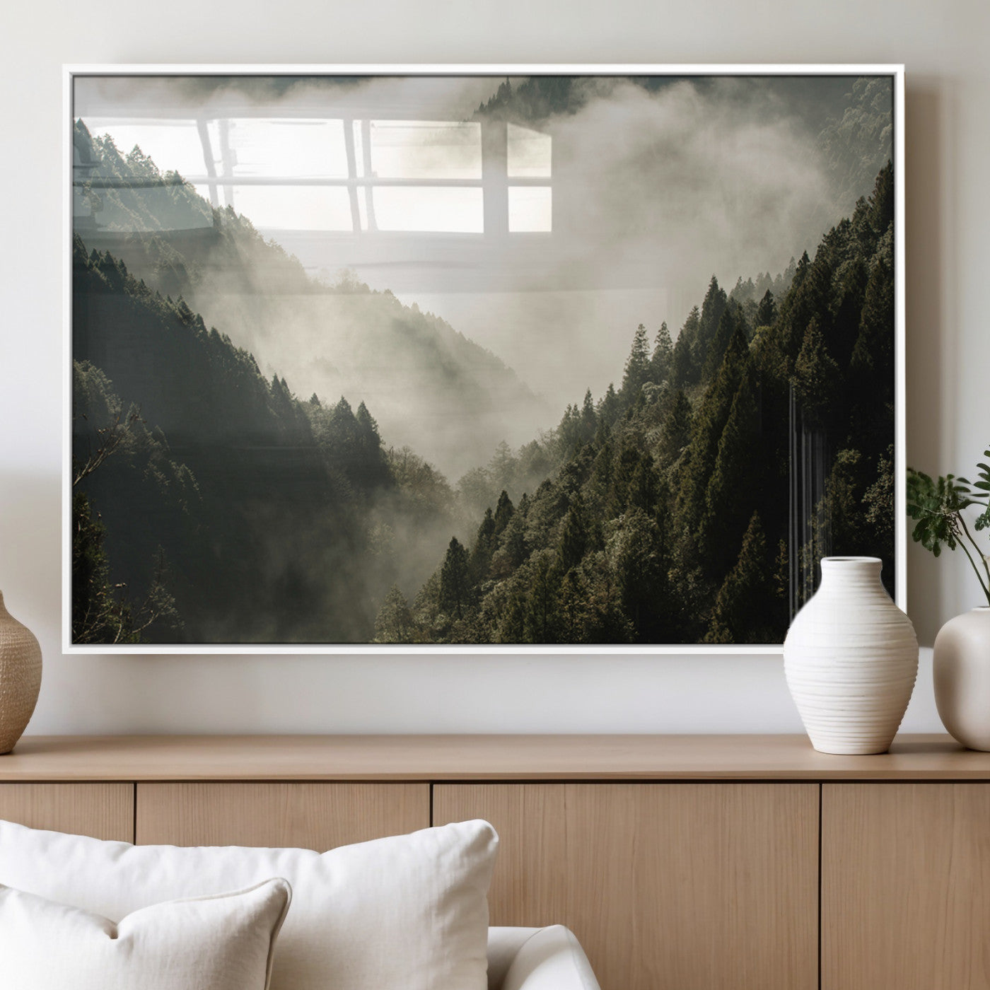 57570237-MGV-FP-36X24-3P_White-Misty Valley Wall Art Canvas Print, Framed Foggy Forest Art Picture Print, Pine Trees Perfect Moody Woodland Decor Artwork
