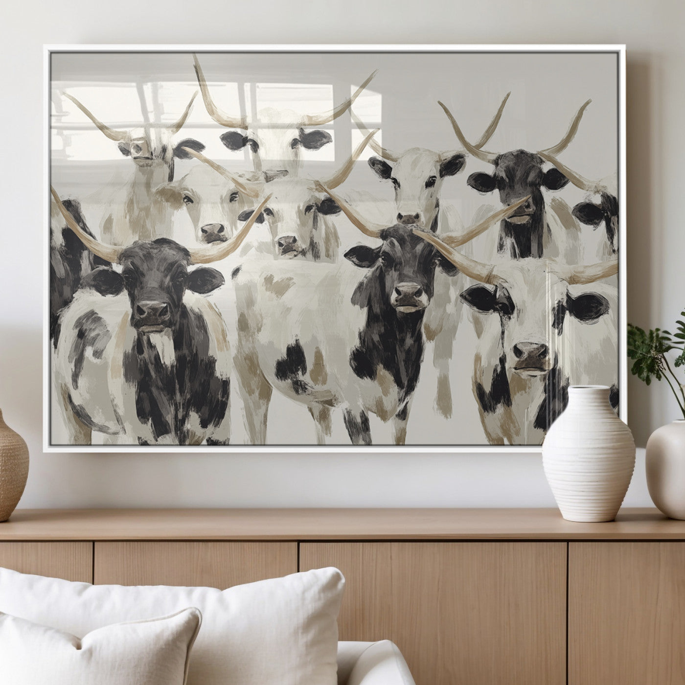 52947970-MGV-FP-60X30-3P_White-Texas Longhorn Wall Art Canvas Print, Framed Cattle Herd Art Picture Print, Herd Portrait Perfect Modern Farmhouse Decor Artwork