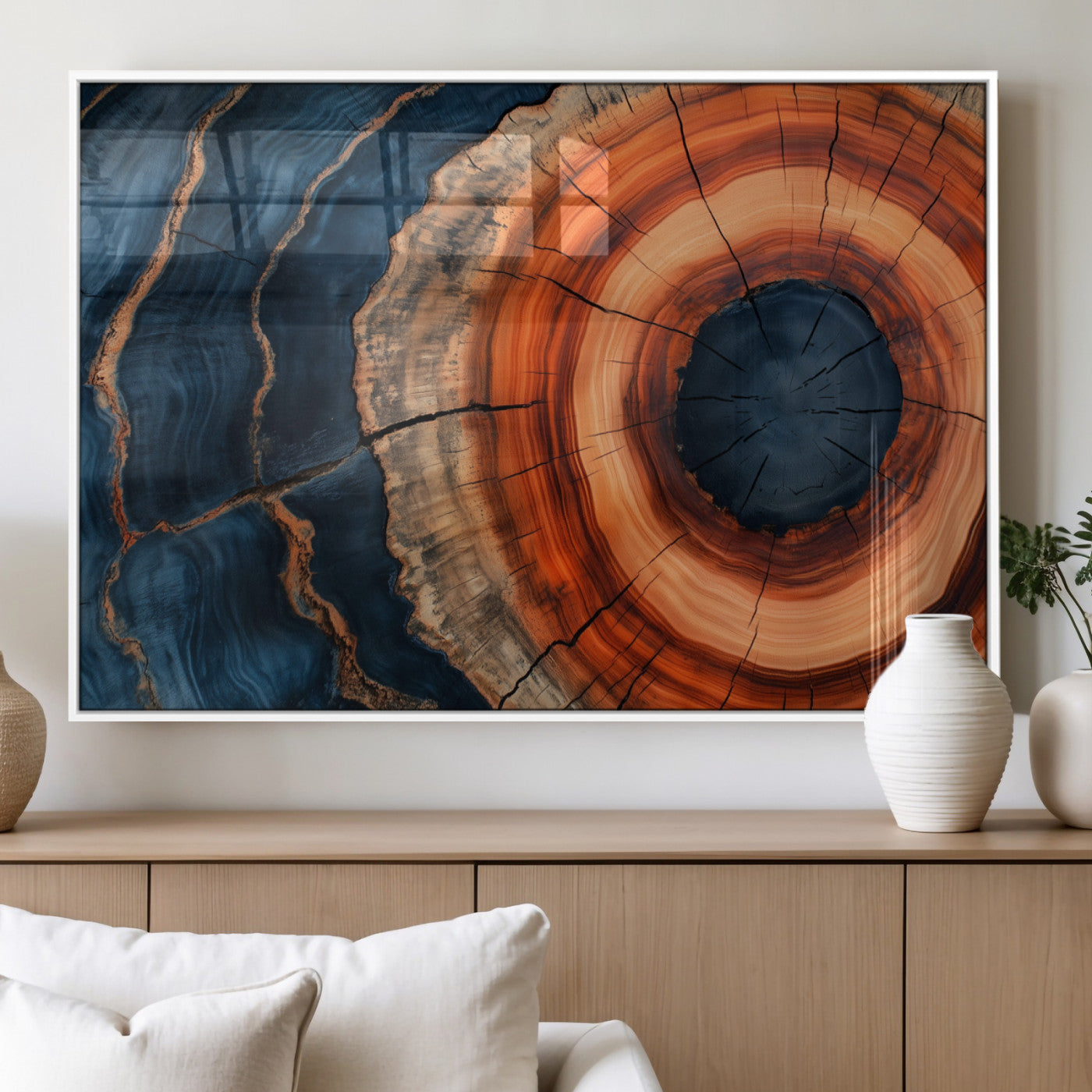 41123192-MGV-FP-36X24-3P_White-Tree Ring Canvas Wall Art – Abstract Blue Orange Wood Grain Print, Rustic Modern Nature Artwork for Living Room, Bedroom, Office