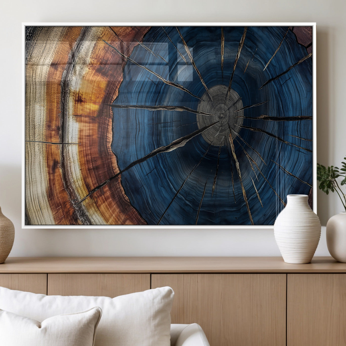 60099360-MGV-FP-36X24-3P_White-Blue Tree Ring Wall Art – Rustic Wood Grain Canvas Print, Modern Abstract Artwork with Natural Texture for Living Room, Bedroom,