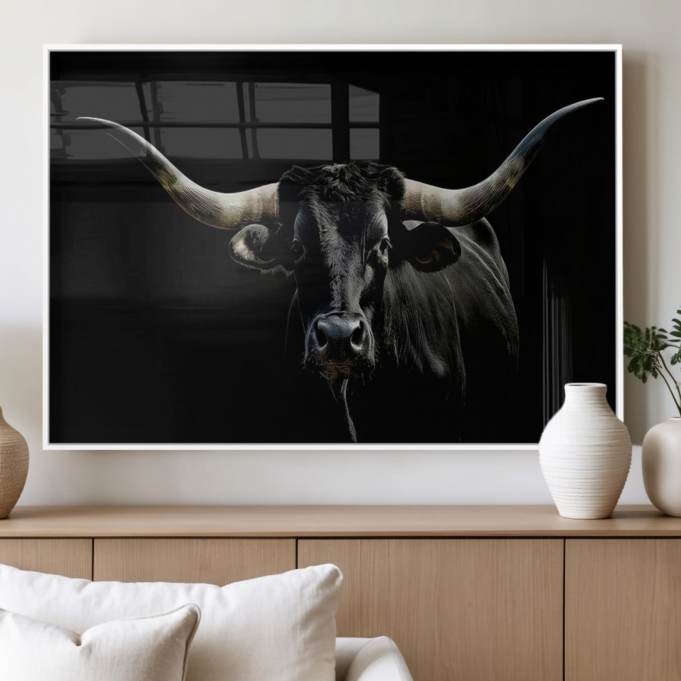 37531960-MGV-FP-36X24-3P_White-Black Longhorn Bull Wall Art – Dramatic Western Cattle Canvas Print, Rustic Farmhouse Animal Artwork for Living Room, Bedroom,