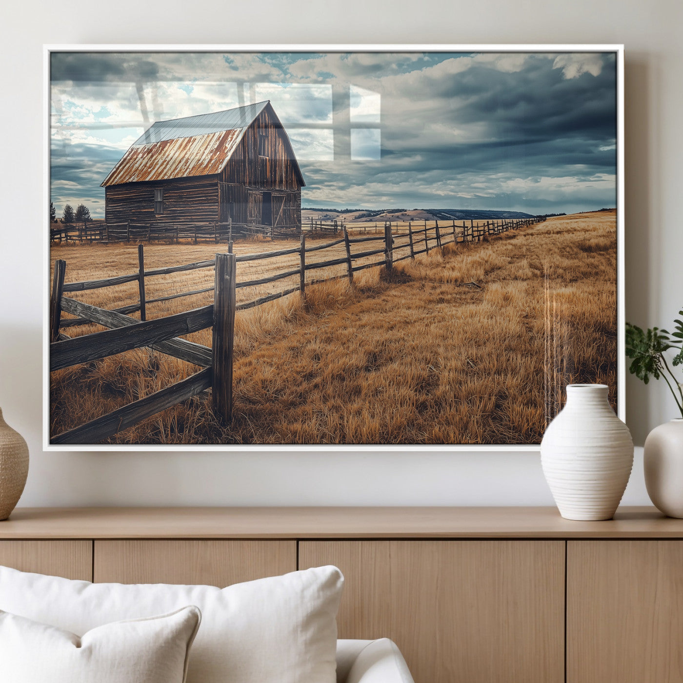 69356982-MGV-FP-36X24-3P_White-Old Barn Wall Art Canvas Print, Framed Rustic Fence Art Picture Print, Wooden Farmhouse Perfect Rustic Farmhouse Decor Artwork