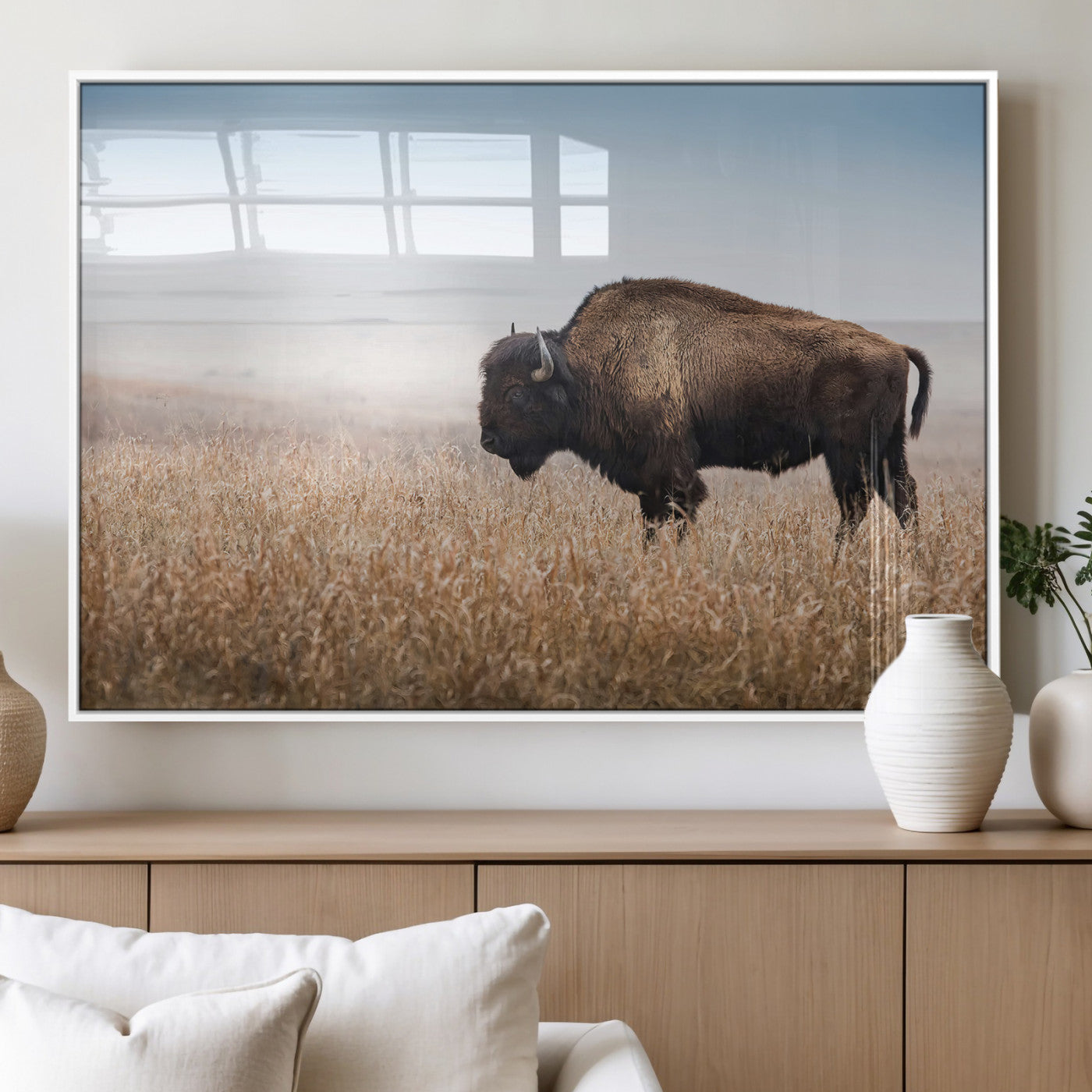 91267849-MGV-FP-36X24-3P_White-Wild Bison Wall Art Canvas Print, Framed Bison in Prairie Art Picture Print, Rustic Western Perfect Rustic Western Decor Artwork