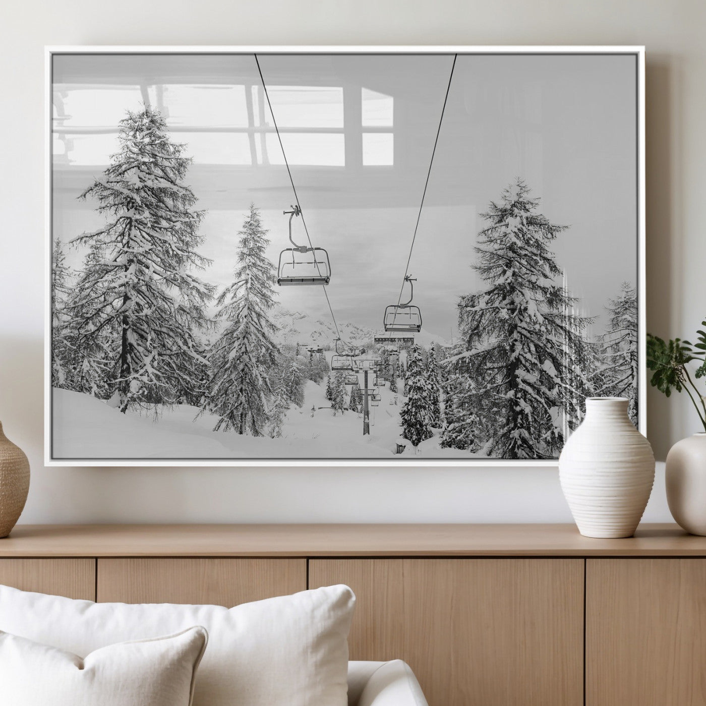 55003599-MGV-FP-36X24-3P_White-Snowy Ski Lift Wall Art Canvas Print, Framed Winter Forest Art Picture Print, Ski lift Ride Perfect Winter Lodge Decor Artwork