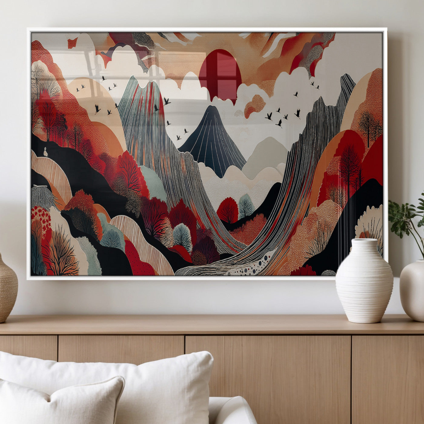 59495752-MGV-FP-36X24-3P_White-Abstract Mountain Wall Art Canvas Print, Framed Vibrant Landscape Art Picture Print, Nature Drawing Perfect Contemporary