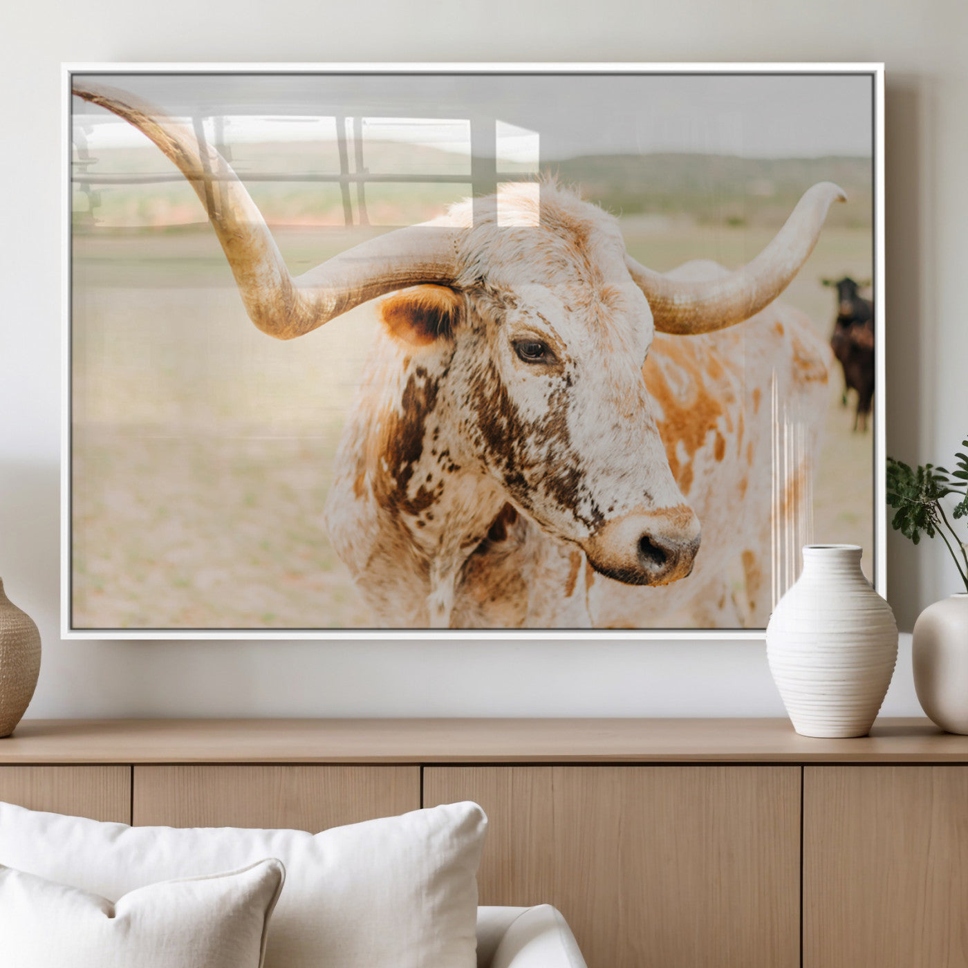 21060648-MGV-FP-36X24-3P_White-Texas Longhorn Wall Art Canvas Print, Framed Speckled Cow Art Picture Print, Rustic Bull Perfect Rustic Western Decor Artwork