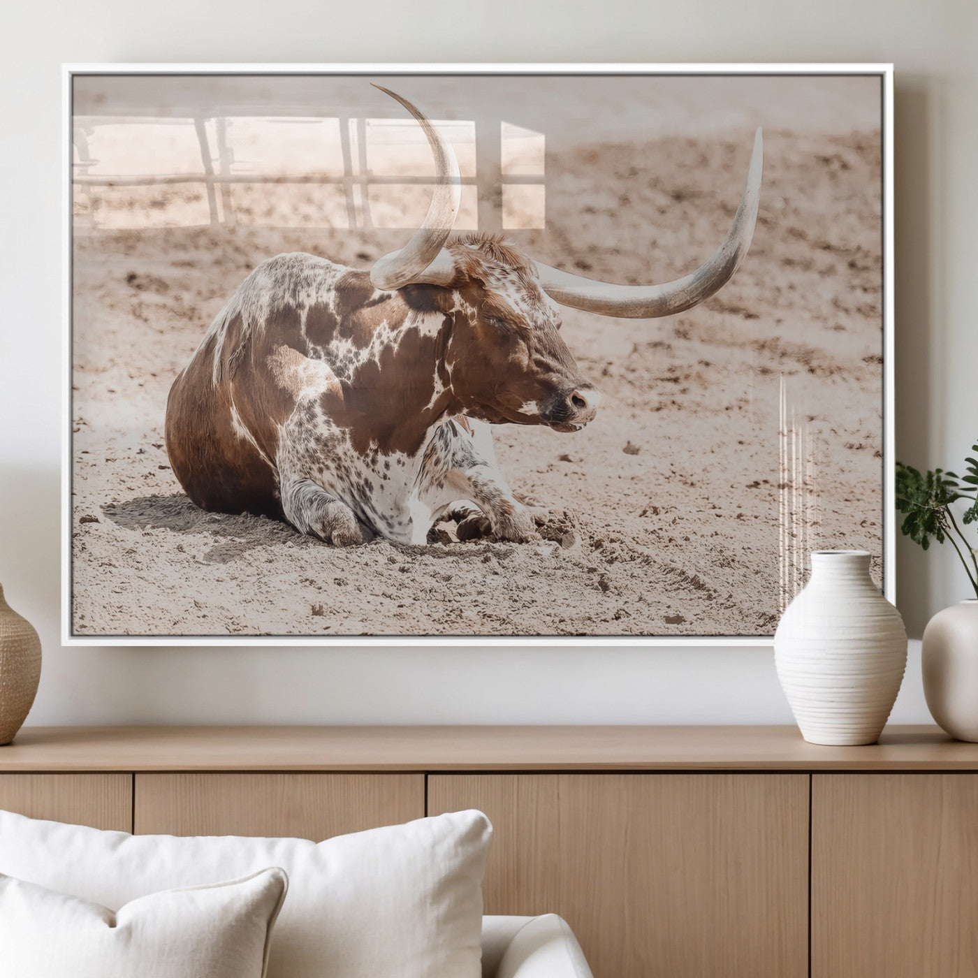 25407592-MGV-FP-60X30-3P_White-Texas Longhorn Wall Art Canvas Print, Framed Resting Bull Art Picture Print, Spotted Cattle Perfect Rustic Western Decor Artwork