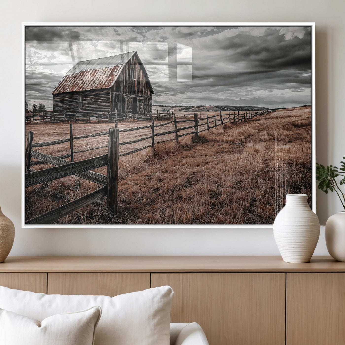 73898372-MGV-FP-60X30-3P_White-Rustic Barn Wall Art Canvas Print, Framed Moody Field Art Picture Print, Weathered Fence Perfect Moody Farmhouse Decor Artwork