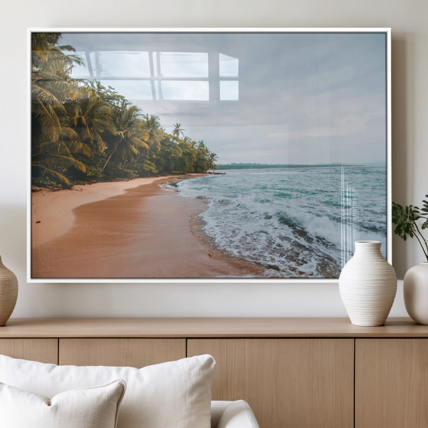 88125882-MGV-FP-60X30-3P_White-Tropical Shoreline Wall Art Canvas Print, Framed Palm Trees Art Picture Print, Tropical Ocean Perfect Tropical Coastal Decor