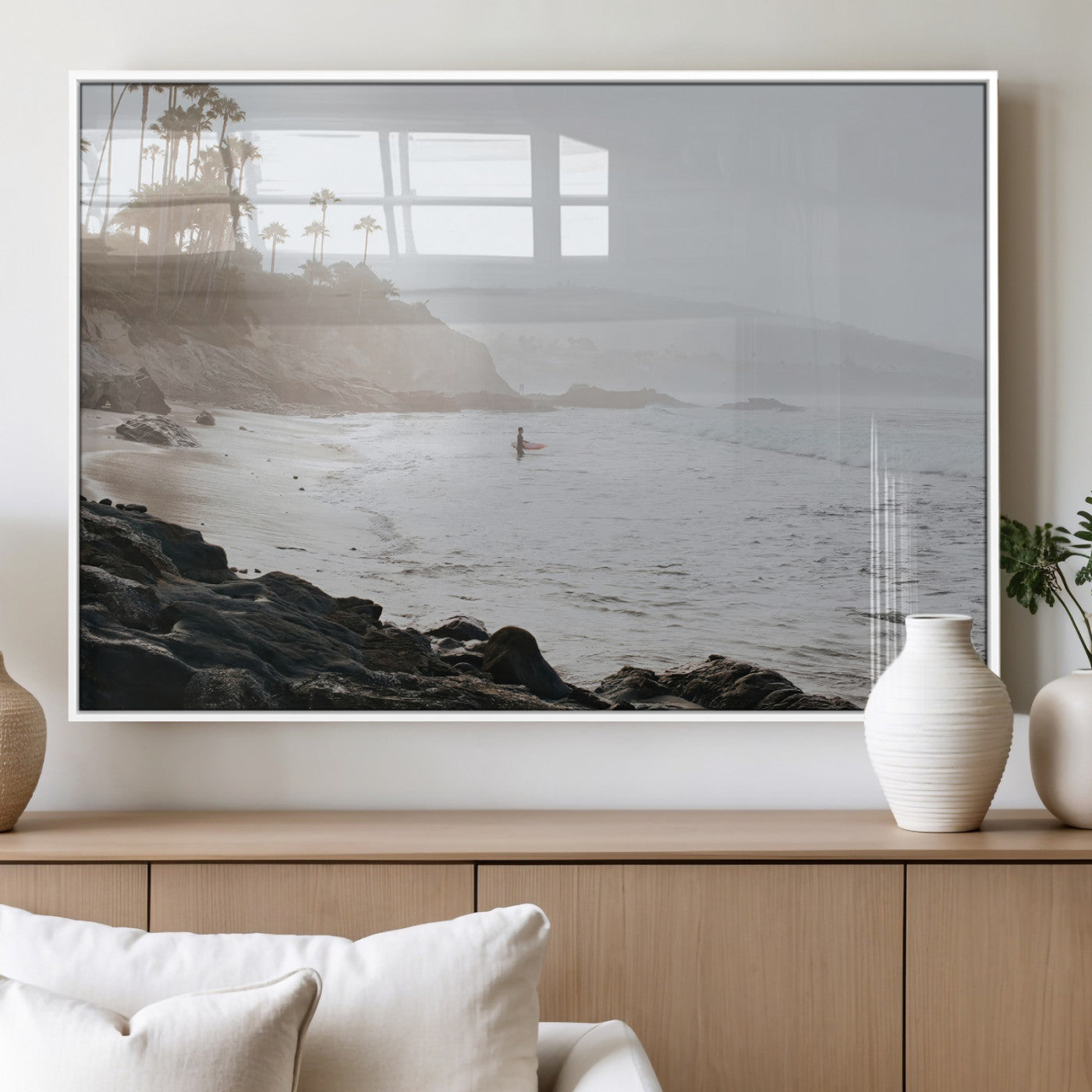 62501405-MGV-FP-36X24-3P_White-Misty Beach Wall Art Canvas Print, Framed California Surfer Art Picture Print, Coastal Cliff Perfect Coastal Beach Decor Artwork