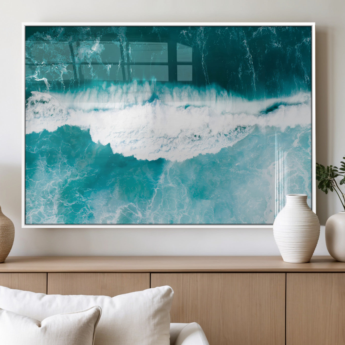 23828594-MGV-FP-60X30-3P_White-Aerial Waves Wall Art Canvas Print, Framed Ocean Break Art Picture Print, Sea Foam Perfect Tropical Coastal Decor Artwork