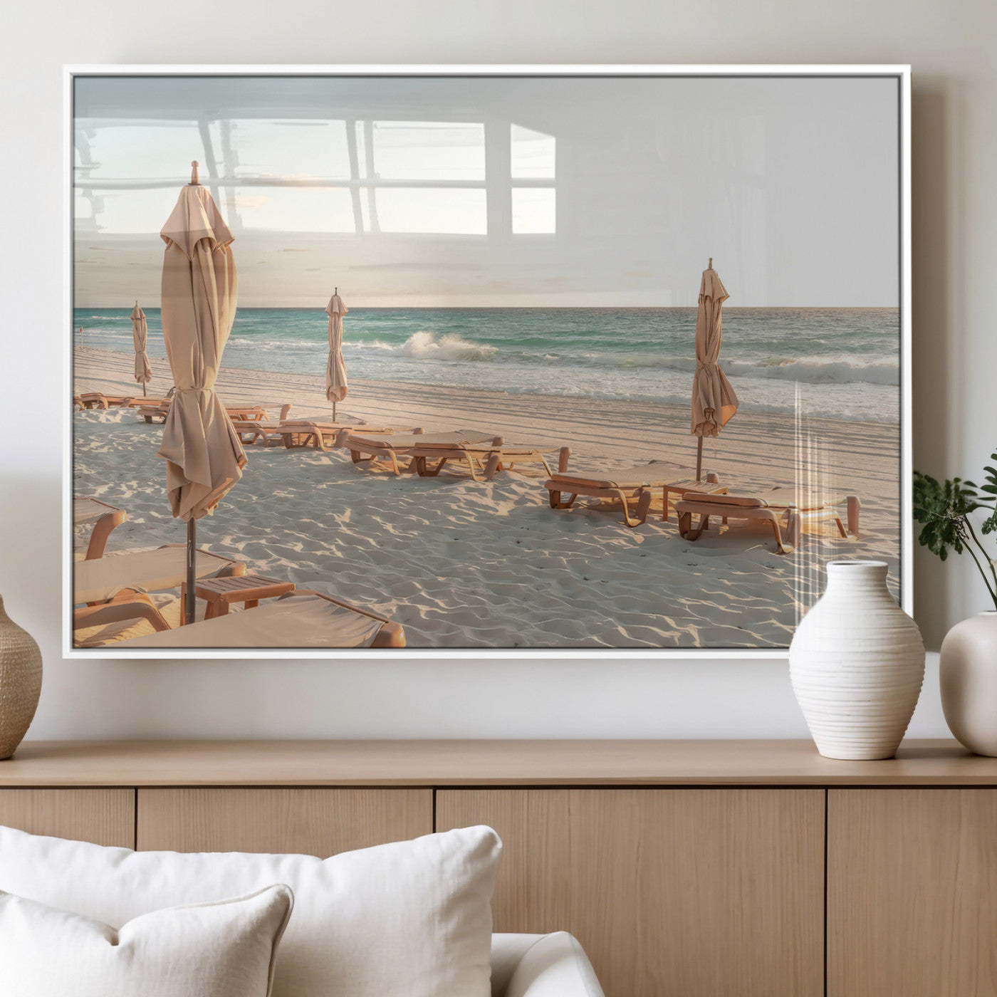 58507949-MGV-FP-36X24-3P_White-Beach Umbrellas Wall Art Canvas Print, Framed Empty Loungers Art Picture Print, Soft Sand Perfect Minimalist Seaside Decor Artwork