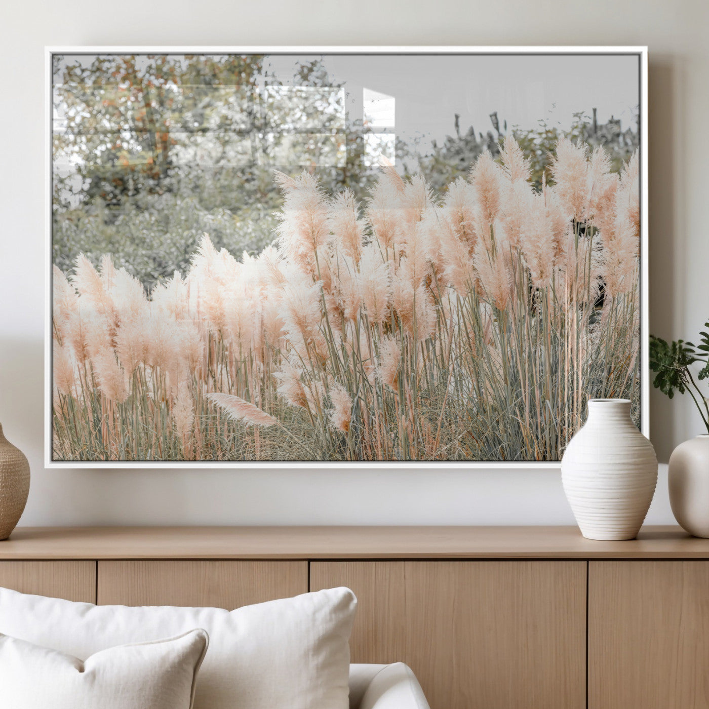 21826392-MGV-FP-36X24-3P_White-Pampas Grass Wall Art Canvas Print, Framed Soft Pampas Art Picture Print, Pastel Grasses Perfect Soft Neutral Boho Decor Artwork