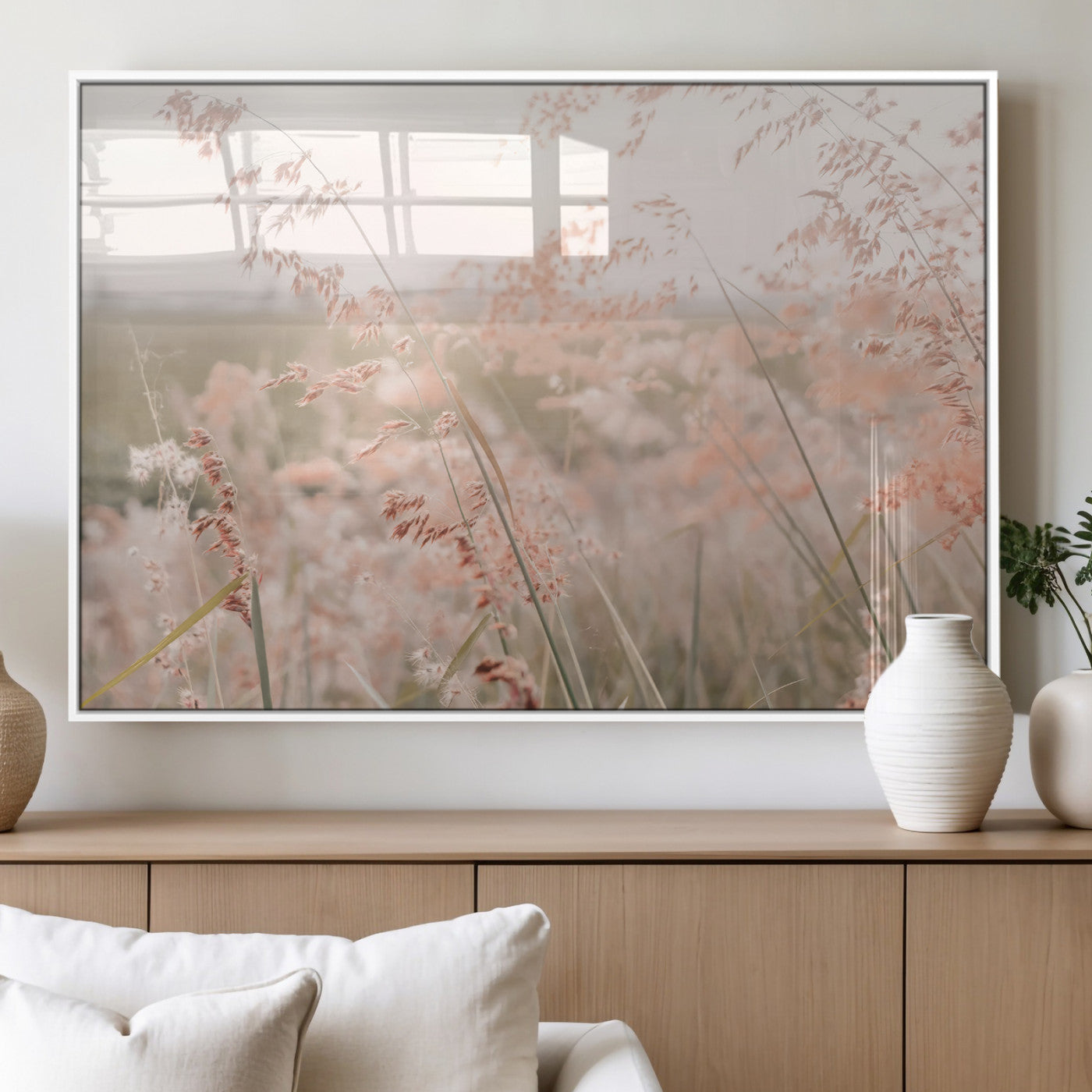 79164340-MGV-FP-36X24-3P_White-Pastel Grasses Wall Art Canvas Print, Framed Soft Meadow Art Picture Print, Field in Breeze Perfect Pastel Minimal Decor Artwork