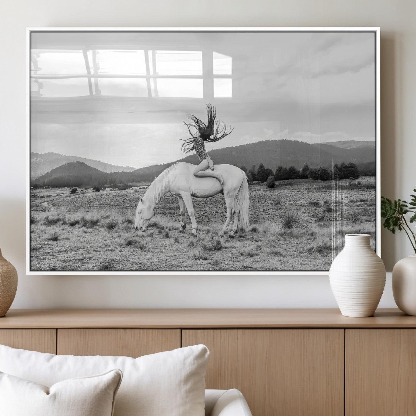 62789800-MGV-FP-36X24-3P_White-White Horse Wall Art Canvas Print, Framed Woman Rider Art Picture Print, Equestrian Pose Perfect Western Boho Decor Artwork