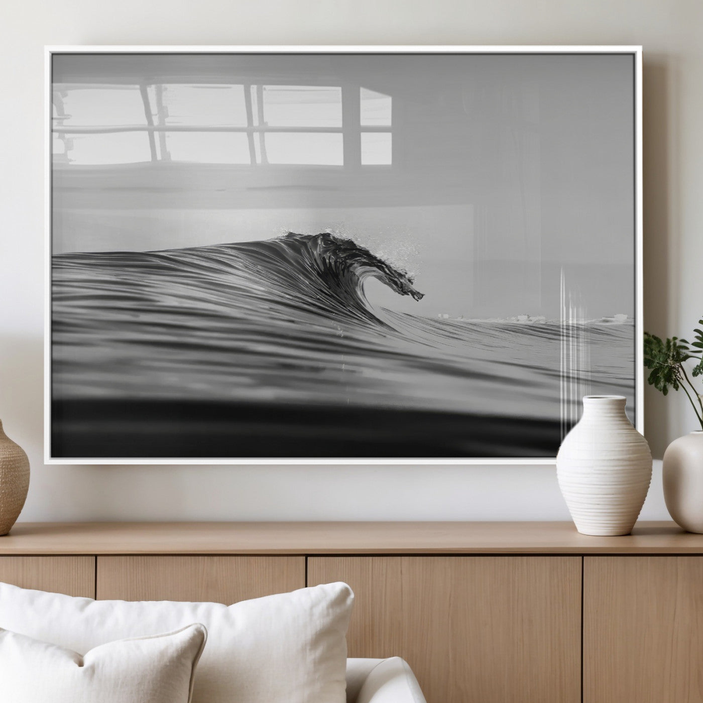 24029476-MGV-FP-60X30-3P_White-Black Wave Wall Art Canvas Print, Framed Abstract Surf Art Picture Print, Minimalist Ocean Perfect Minimalist Coastal Decor