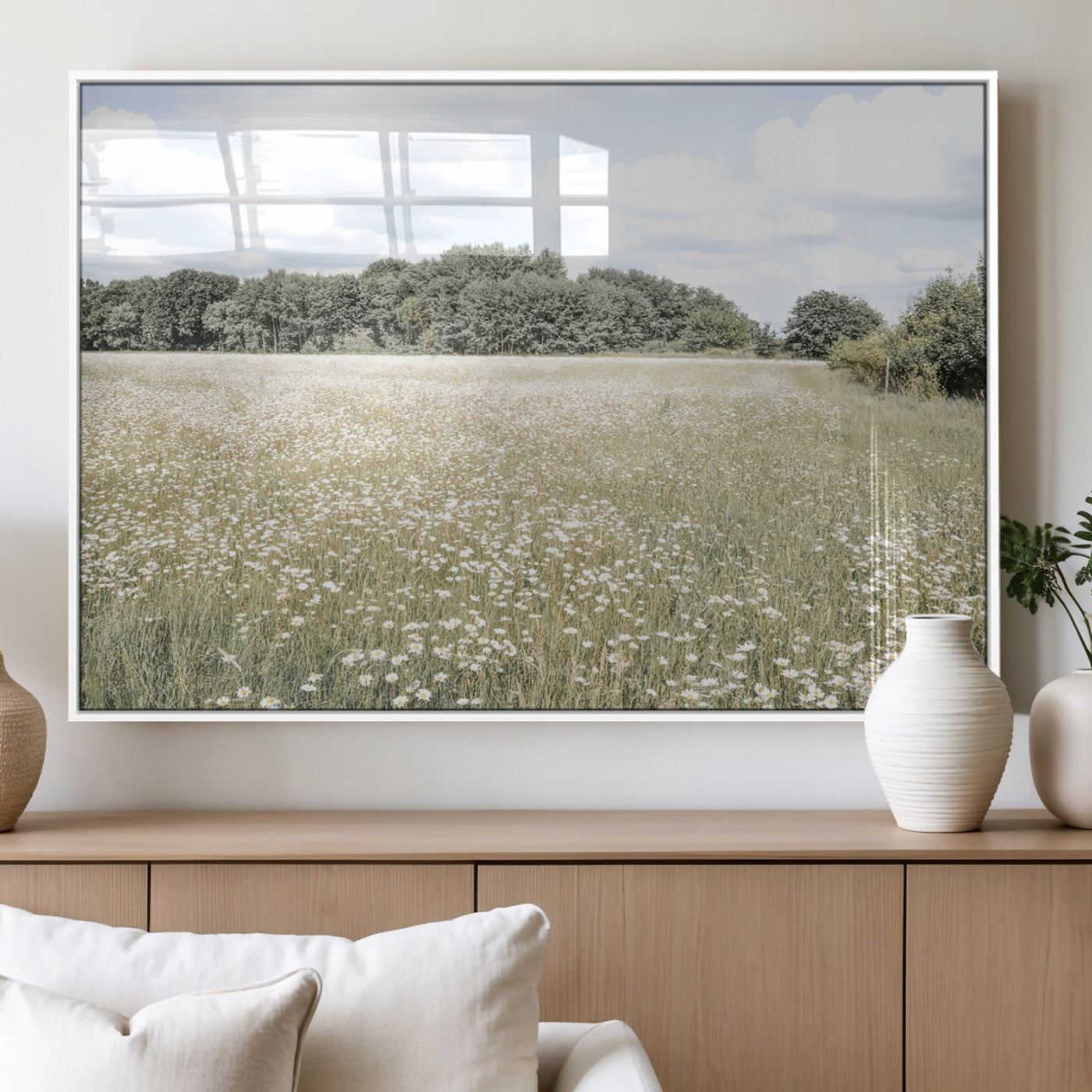 43258946-MGV-FP-36X24-3P_White-Daisy Field Wall Art Canvas Print, Framed Pastel Flower Art Picture Print, Meadow Bloom Perfect Scandinavian Minimalist Decor