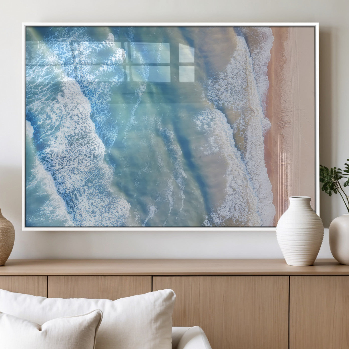 17641845-MGV-FP-60X30-3P_White-Aerial Ocean Wall Art Canvas Print, Framed Blue Waves Art Picture Print, Sandy Shoreline Perfect Modern Coastal Decor Artwork