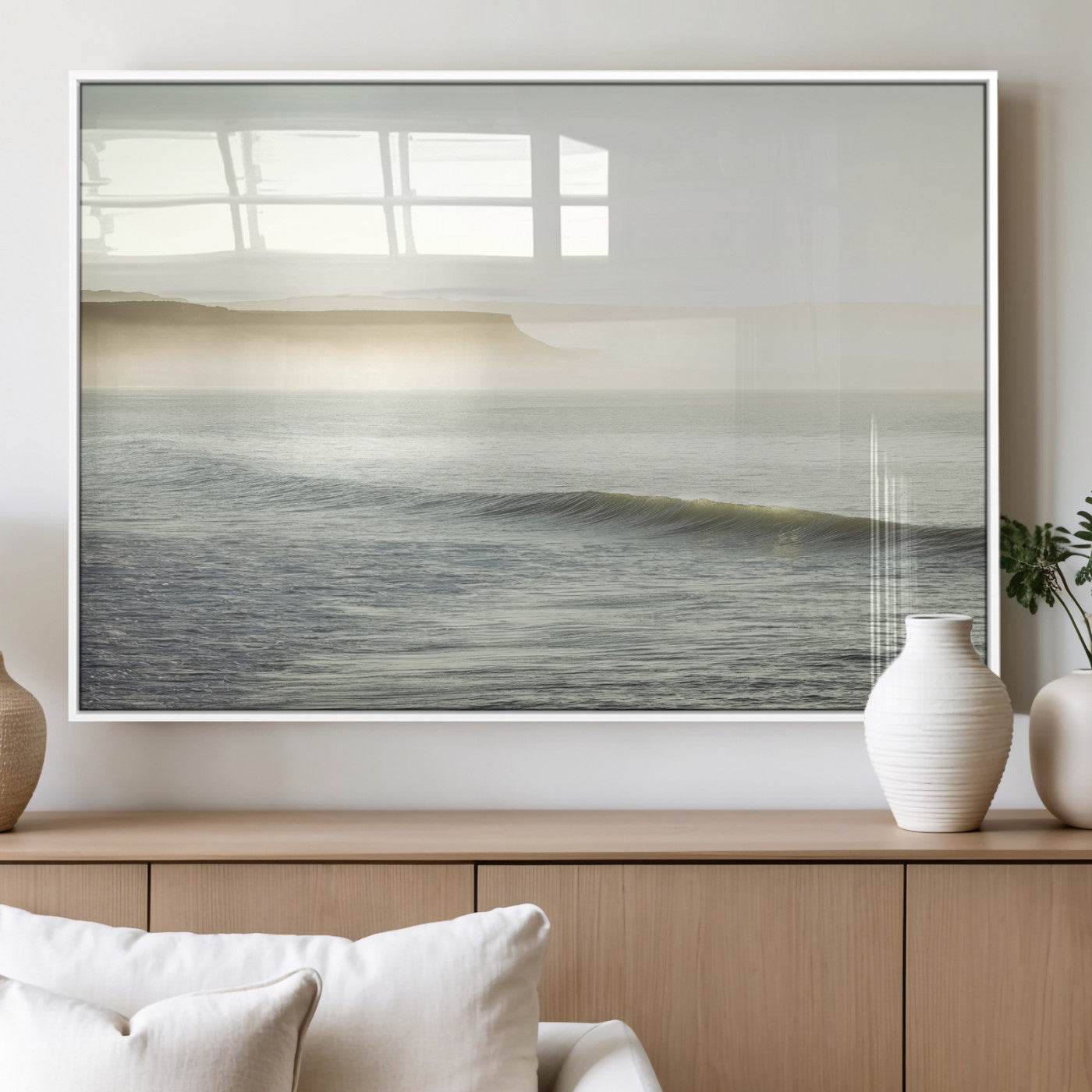 39310633-MGV-FP-60X30-3P_White-Coastal Cliffs Wall Art Canvas Print, Framed Misty Ocean Art Picture Print, Morning Light Perfect Minimalistic Coastal Decor