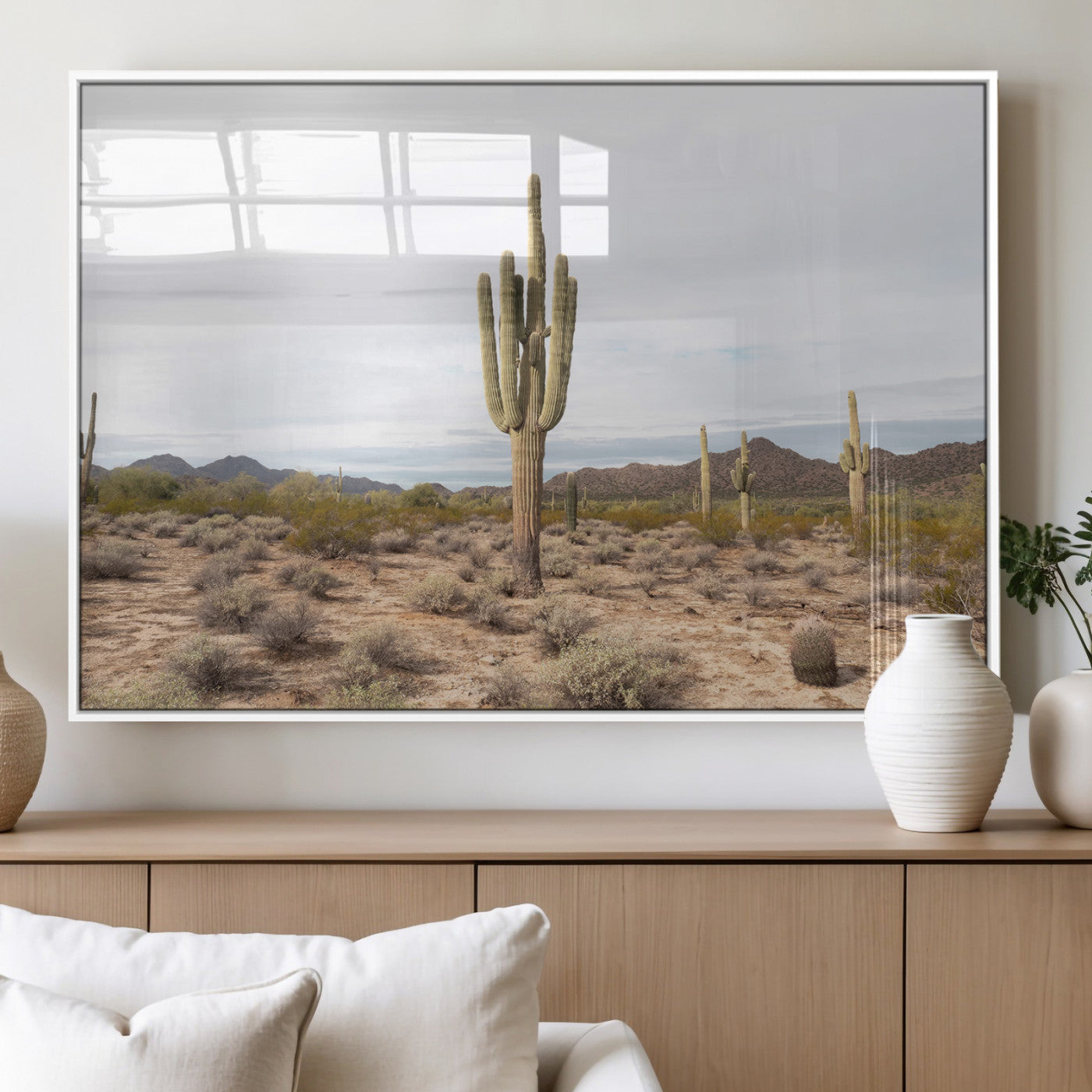 96147924-MGV-FP-36X24-3P_White-Saguaro Cactus Wall Art Canvas Print, Framed Desert Cactus Art Picture Print, Earthy Desert Perfect Southwestern Boho Decor
