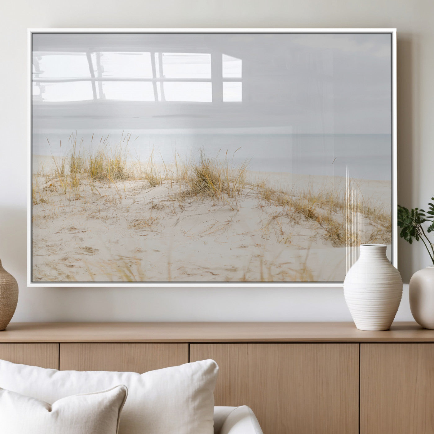 13146857-MGV-FP-36X24-3P_White-Beach Dunes Wall Art Canvas Print, Framed Soft Horizon Art Picture Print, Coastal Grass Perfect Minimalist Coastal Decor Artwork