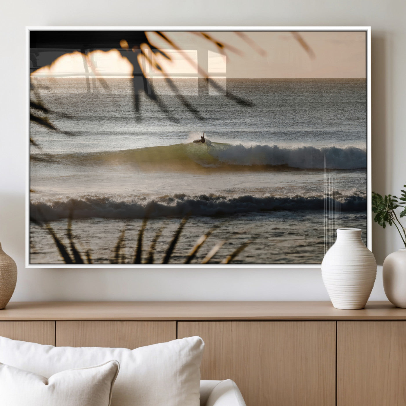 24896468-MGV-FP-36X24-3P_White-Sunset Surf Wall Art Canvas Print, Framed Golden Waves Art Picture Print, Tropical Ocean Perfect Tropical Boho Decor Artwork