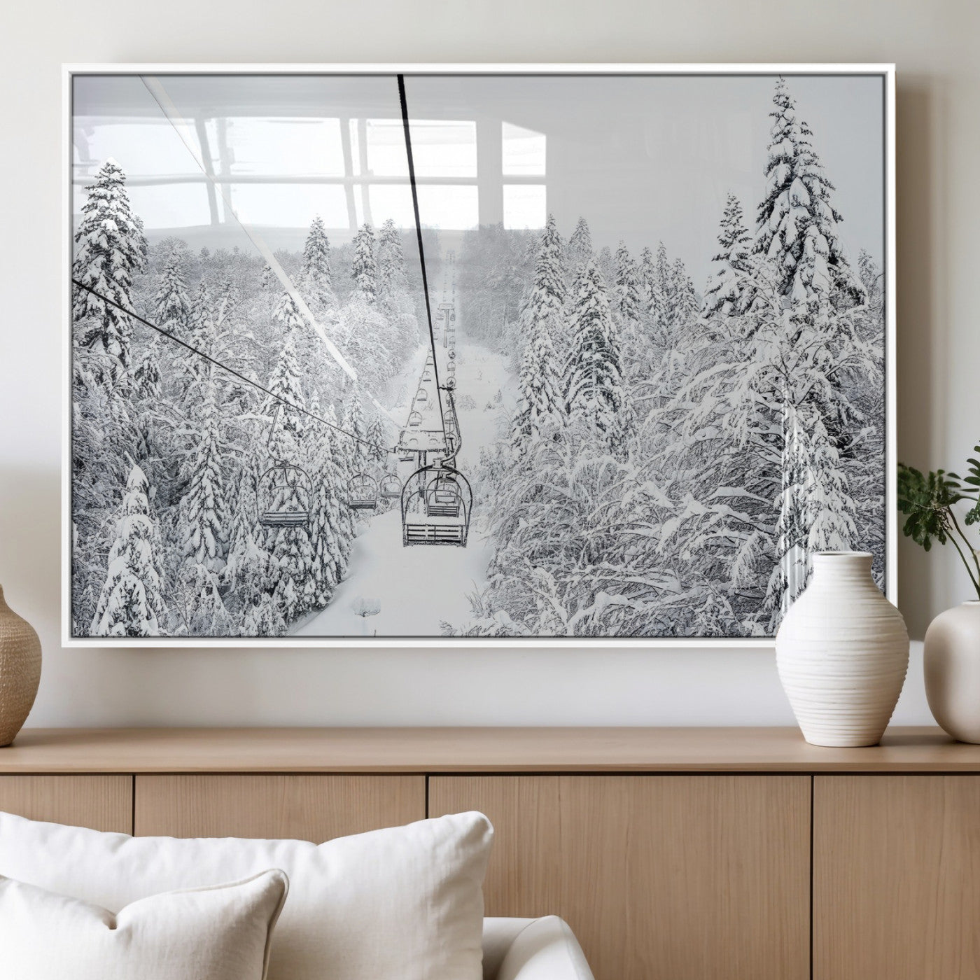 44705668-MGV-FP-36X24-3P_White-Winter Forest Wall Art Canvas Print, Framed Snowy Forest Art Picture Print, Ski Lift Perfect Scandinavian Decor Artwork