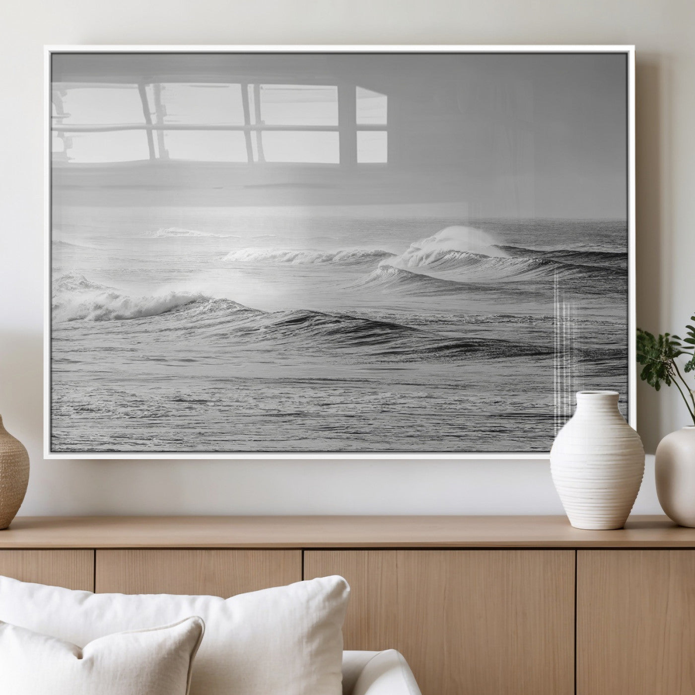 98634812-MGV-FP-36X24-3P_White-Black and White Ocean Waves Wall Art – Minimalist Sea Canvas Print, Coastal Photography Decor for Living Room, Bedroom or Office