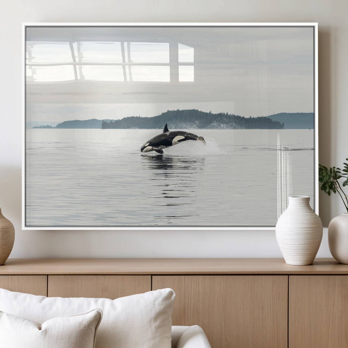 10157174-MGV-FP-60X30-3P_White-Orca Whale Wall Art Canvas Print, Framed Black White Whale Art Picture Print, Minimalist Ocean Perfect Coastal Minimalist Decor