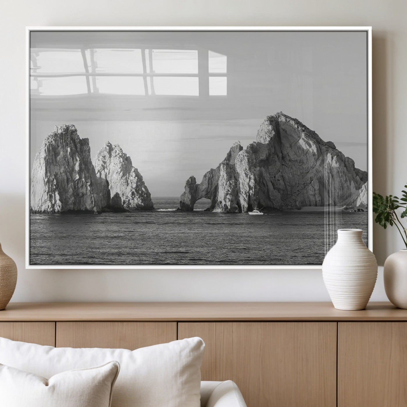 18810731-MGV-FP-36X24-3P_White-Rugged Coastline Wall Art Canvas Print, Framed Ocean Cliffs Art Picture Print, Monochrome Seascape Perfect Coastal Minimalist