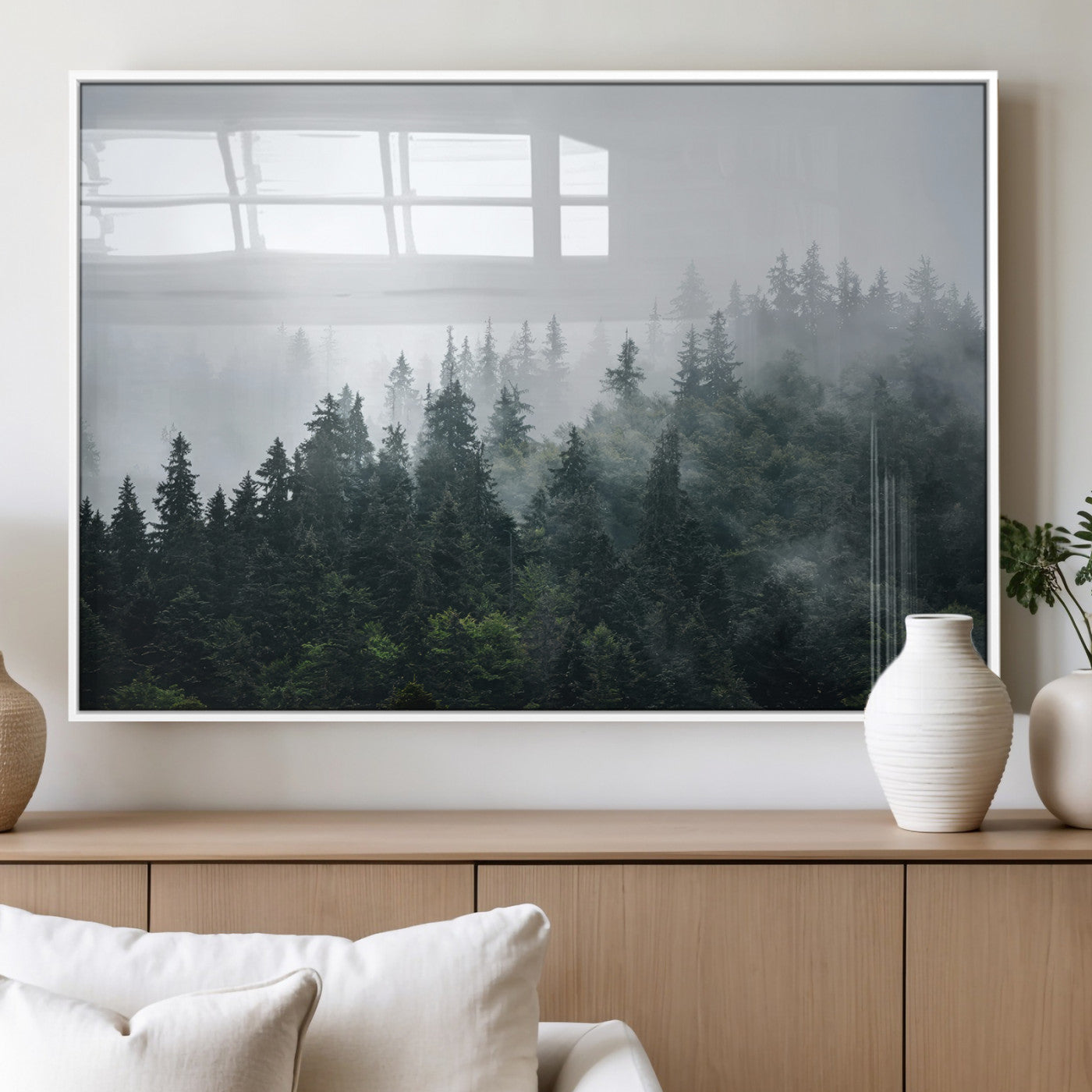 84146572-MGV-FP-60X30-3P_White-Foggy Pine Trees Wall Art Canvas Print, Framed Forest Nature Art Picture Print, Evergreen Forest Perfect Scandinavian Minimalist