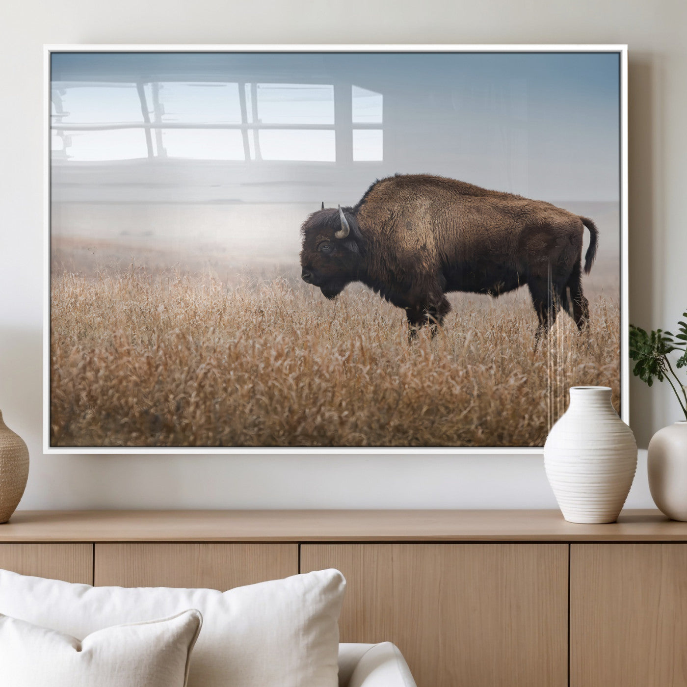 99620201-MGV-FP-36X24-3P_White-Wild Bison Wall Art Canvas Print, Framed Bison in Prairie Art Picture Print, Rustic Western Perfect Rustic Western Decor Artwork