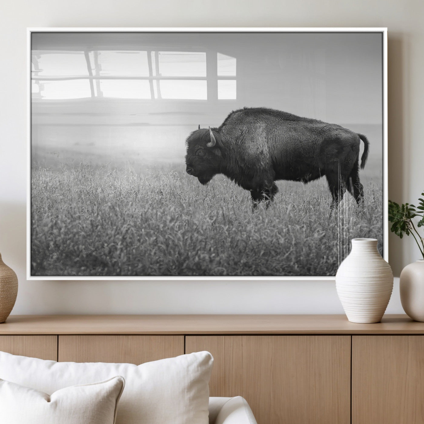 28435251-MGV-FP-60X30-3P_White-Bison In Prairie Wall Art Canvas Print, Framed Rustic Wildlife Art Picture Print, Wild Buffalo Perfect Rustic Western Decor
