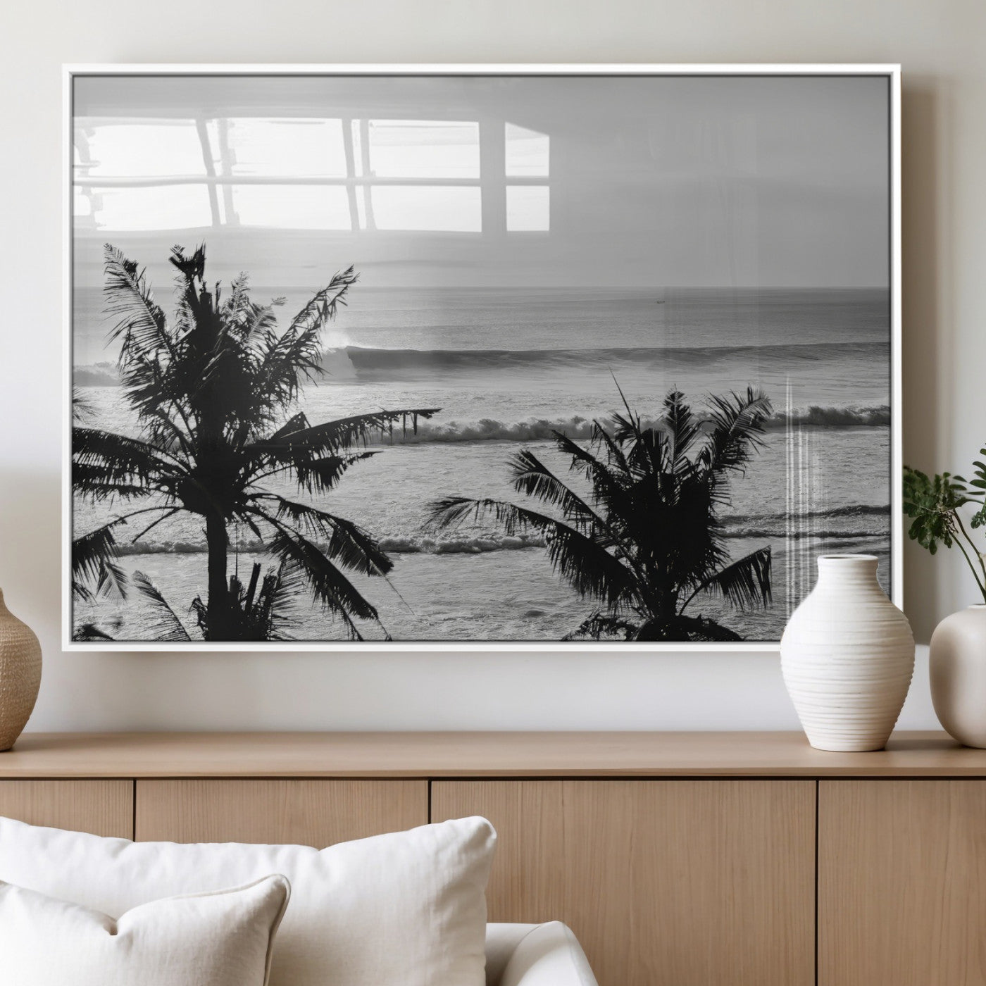 17508038-MGV-FP-60X30-3P_White-Tropical Coastline Wall Art Canvas Print, Framed Palm Trees Art Picture Print, Ocean Waves Perfect Minimalist Coastal Decor