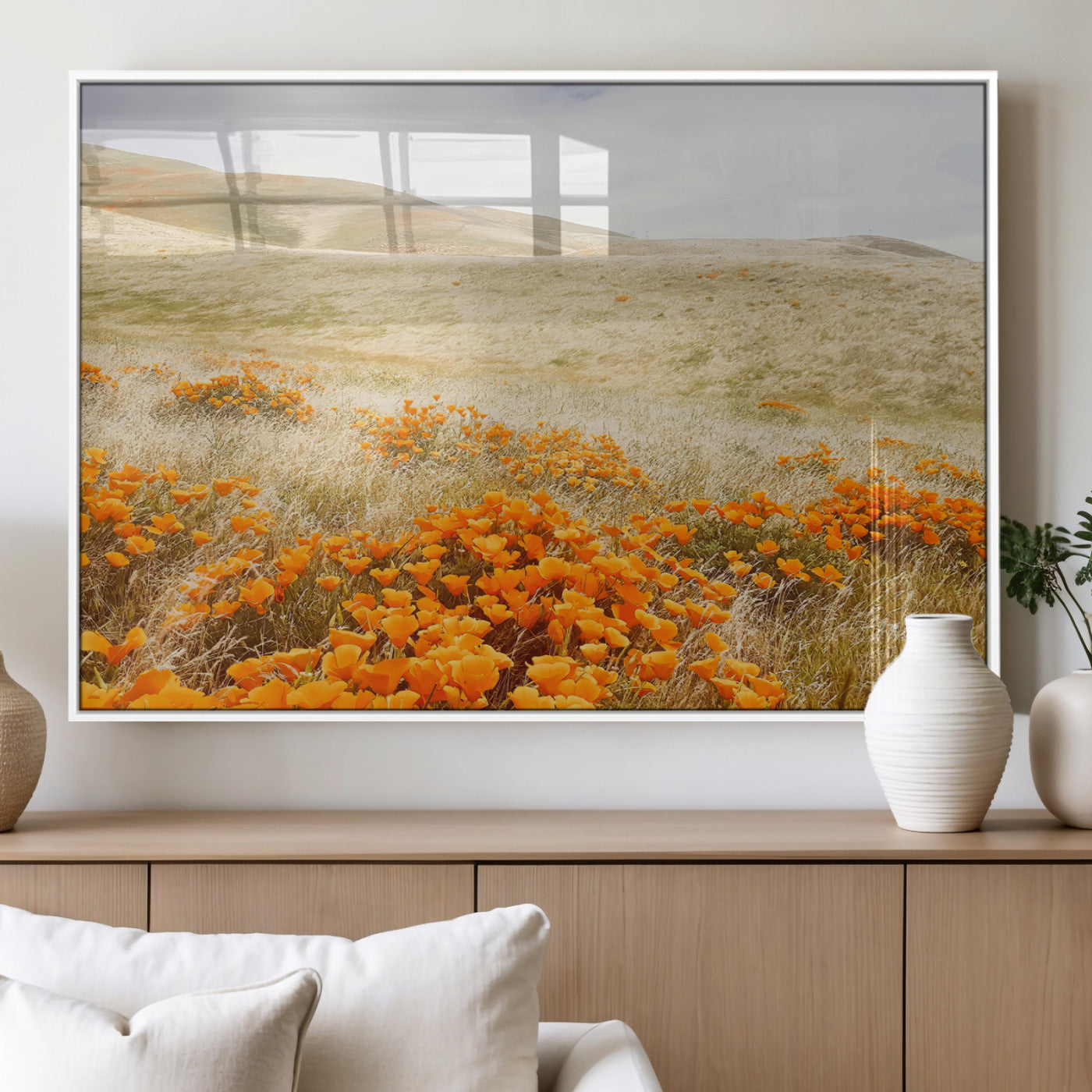 28972262-MGV-FP-60X30-3P_White-Golden Wildflowers Wall Art Canvas Print, Framed Hills Bloom Art Picture Print, Poppy Meadow Perfect Rustic Nature Decor Artwork