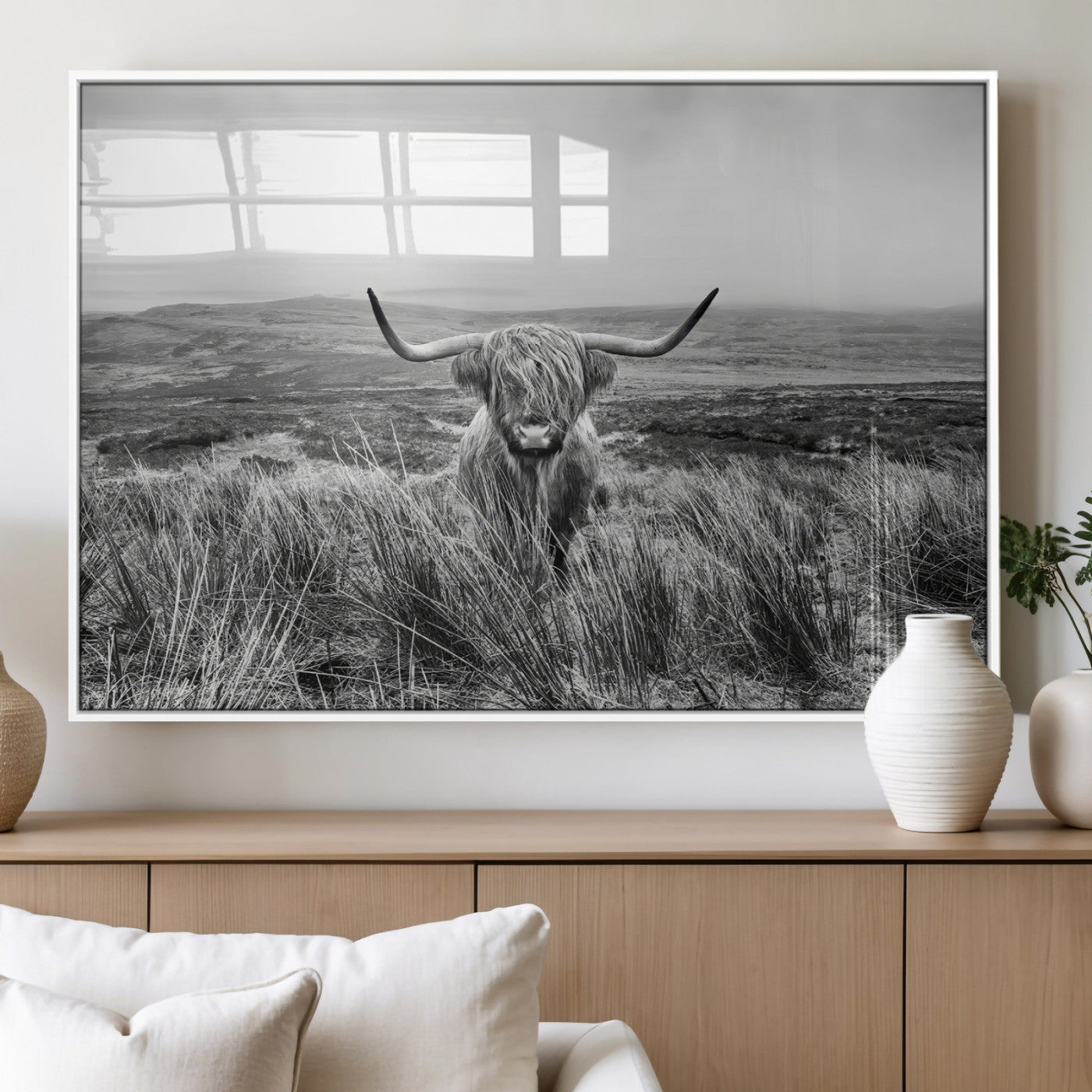 24051061-MGV-FP-36X24-3P_White-Monochrome Highland Cow Wall Art Canvas Print, Framed Scottish Bull Art Picture Print, Lone Cattle Perfect Rustic Farmhouse Decor