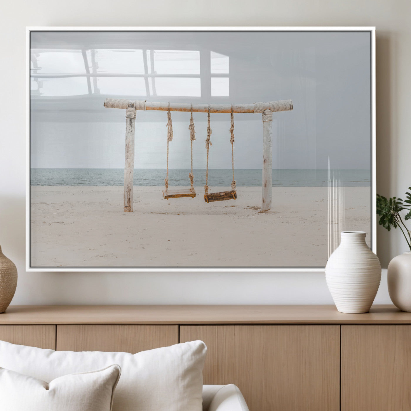 68327283-MGV-FP-36X24-3P_White-Beach Swing Wall Art Canvas Print, Framed Quiet Beach Art Picture Print, Calm Shoreline Perfect Bohemian Coastal Decor Artwork