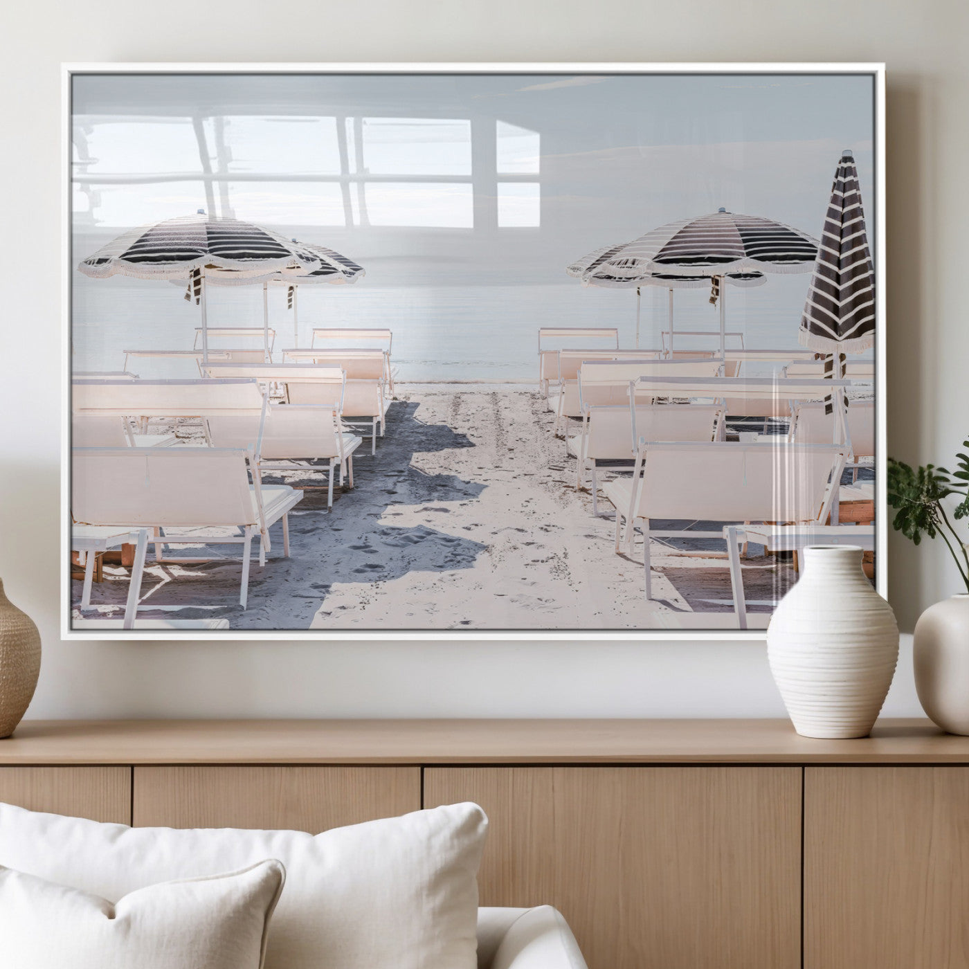 67623952-MGV-FP-36X24-3P_White-Minimalist Beach Wall Art Canvas Print, Framed Pastel Sand Art Picture Print, Beach Aesthetic Perfect Coastal Minimalist Decor