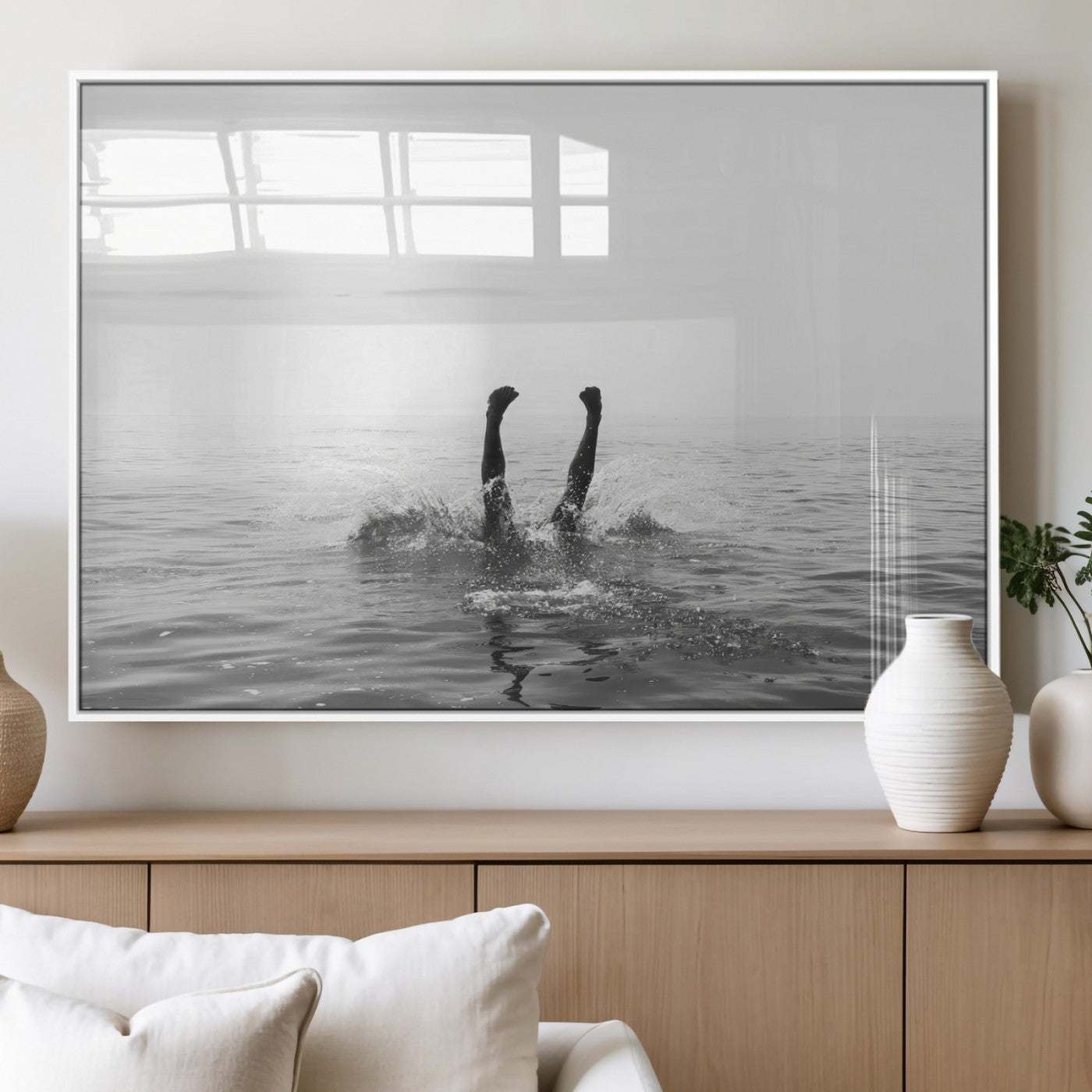 26667396-MGV-FP-36X24-3P_White-Black White Ocean Wall Art Canvas Print, Framed Monochrome Water Art Picture Print, Diving into Water Perfect Minimalist Aquatic