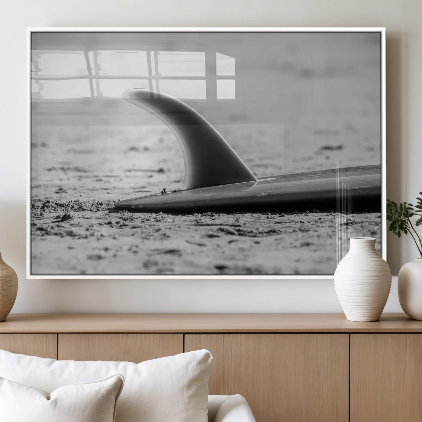 62314230-MGV-FP-36X24-3P_White-Black White Surfboard Wall Art Canvas Print, Framed Minimalist Beach Art Picture Print, Surf Fin Perfect Minimalist Coastal Decor
