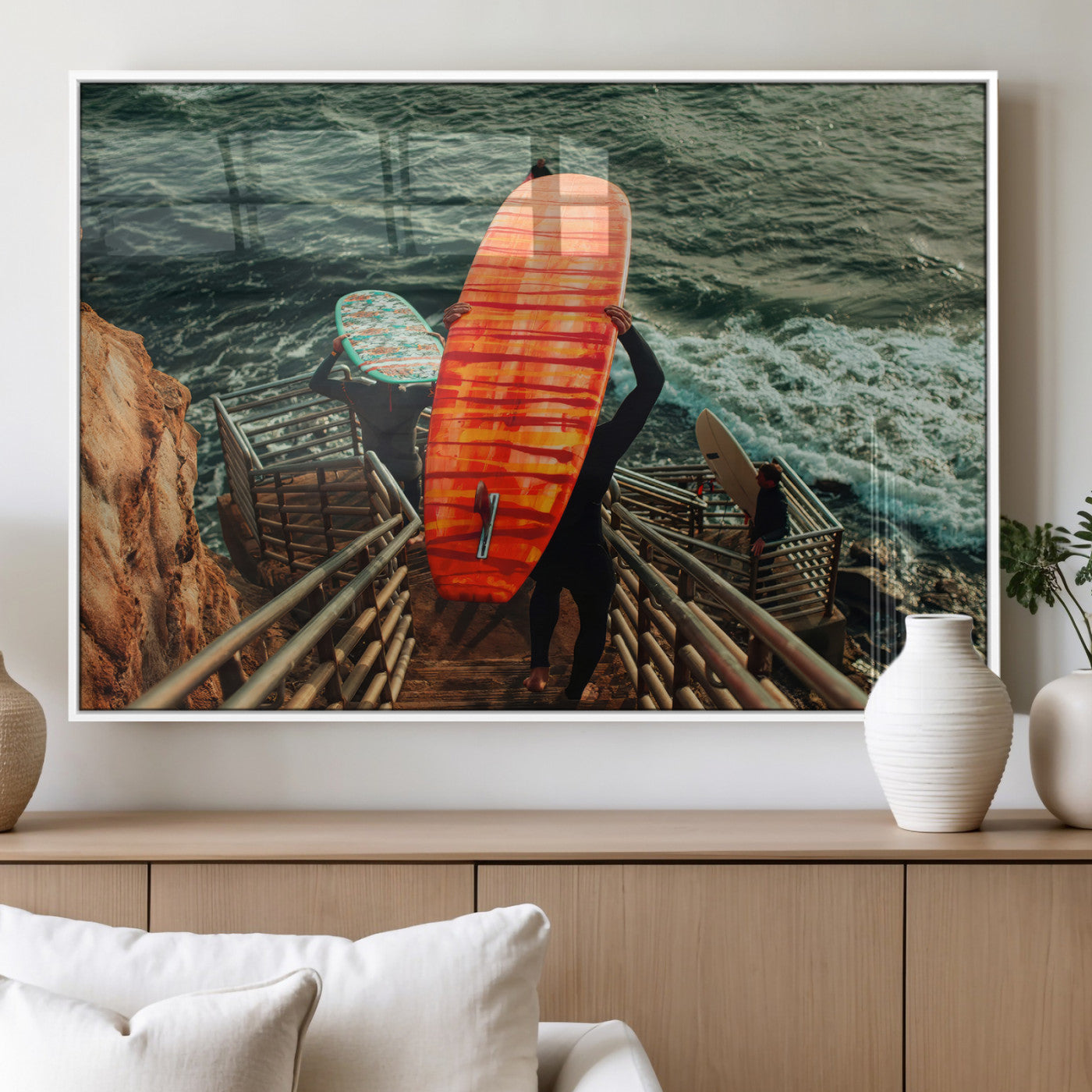 84555848-MGV-FP-60X30-3P_White-Surfer Stairway Wall Art Canvas Print, Framed Ocean Surf Art Picture Print, Sunset Coastal Perfect Coastal Adventure Decor Artwork