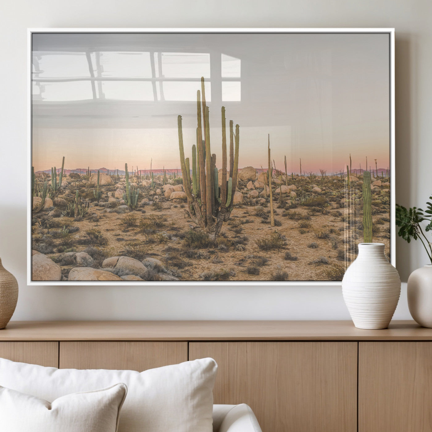 76234974-MGV-FP-60X30-3P_White-Desert Cactus Wall Art Canvas Print, Framed Baja Desert Art Picture Print, Pastel Desert Perfect Southwestern Boho Decor Artwork